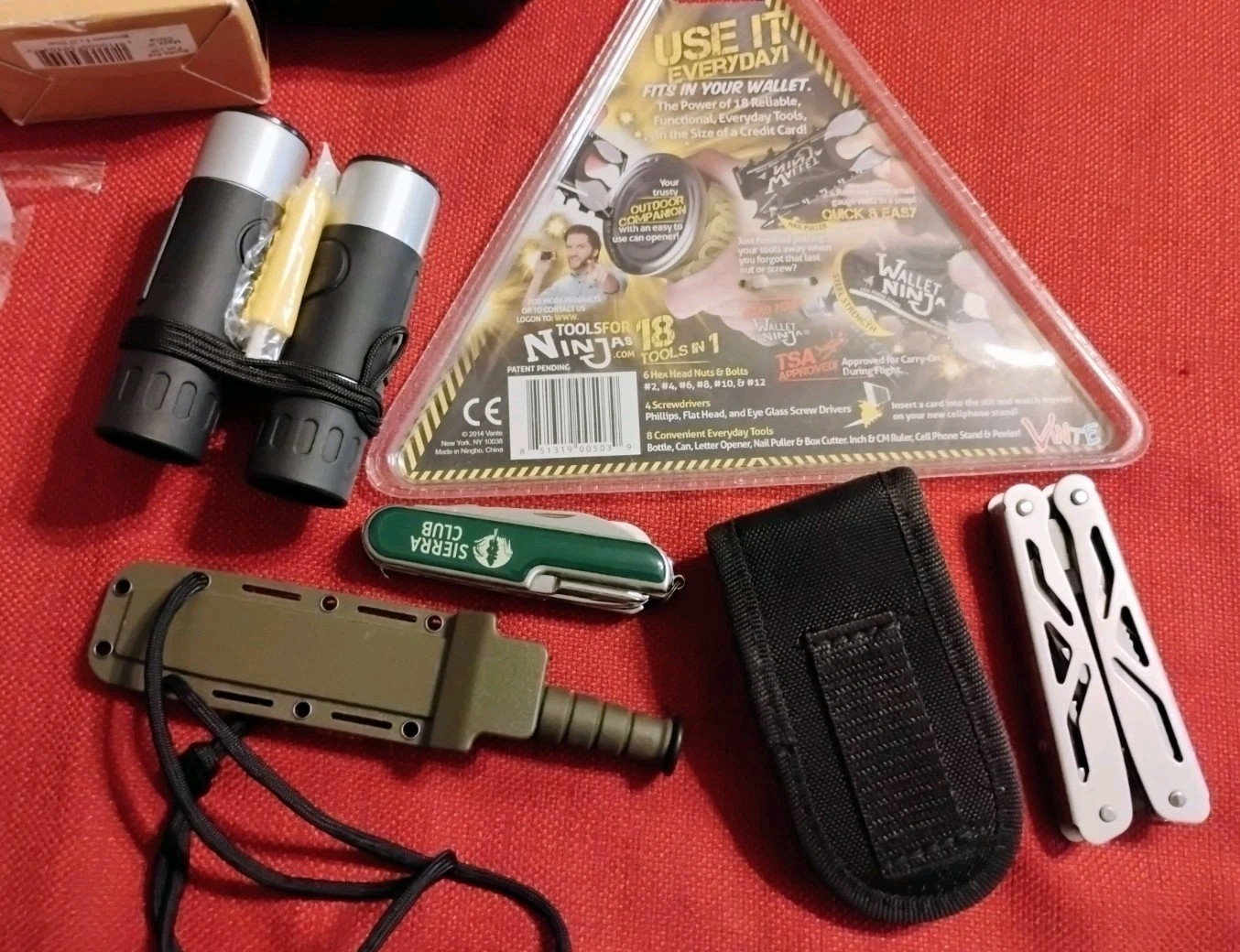 5pc camping EDC lot: wallet Ninja 8×22 binoculars small neck knife & multitools