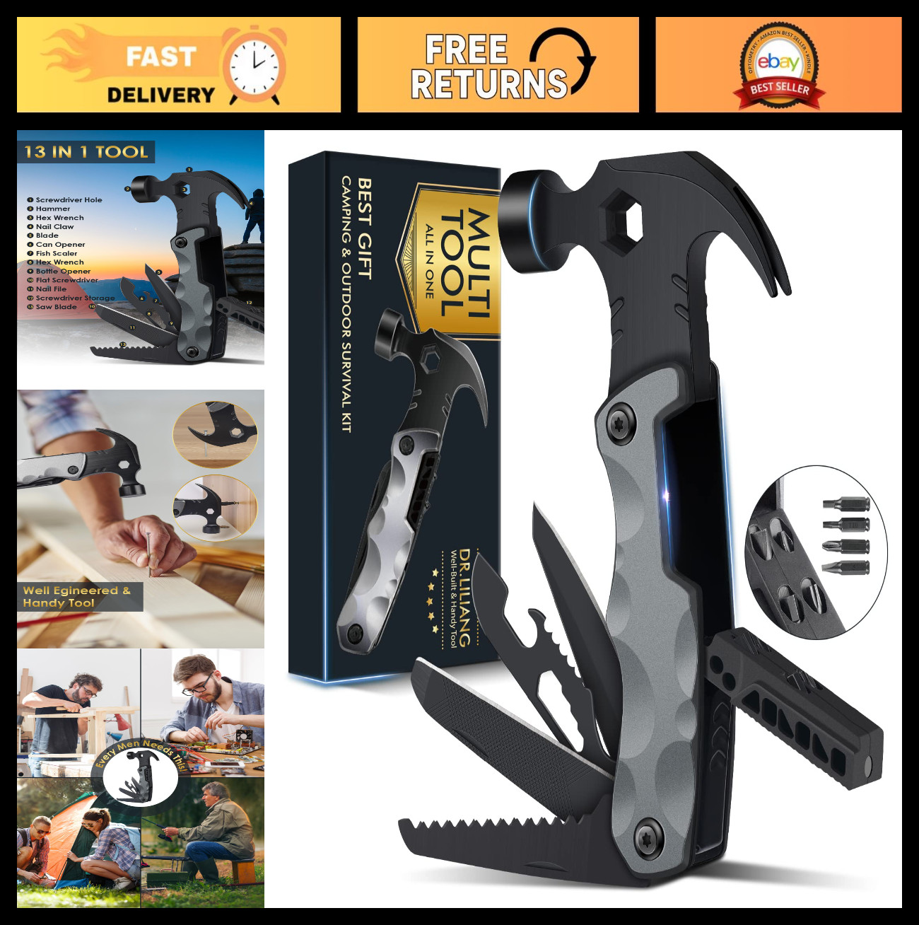 13-in-1 Hammer Multitool – Unique Father’s Day Gift, Camping & Survival Tool for