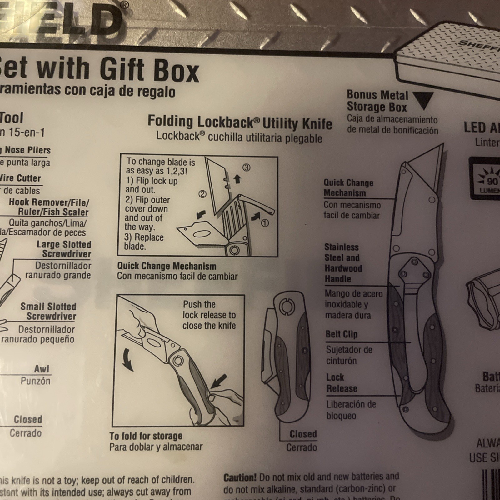 NEW Sheffield 3 Pc Tool Set With Tin Box Multi Tool Utility Knife Flashlight