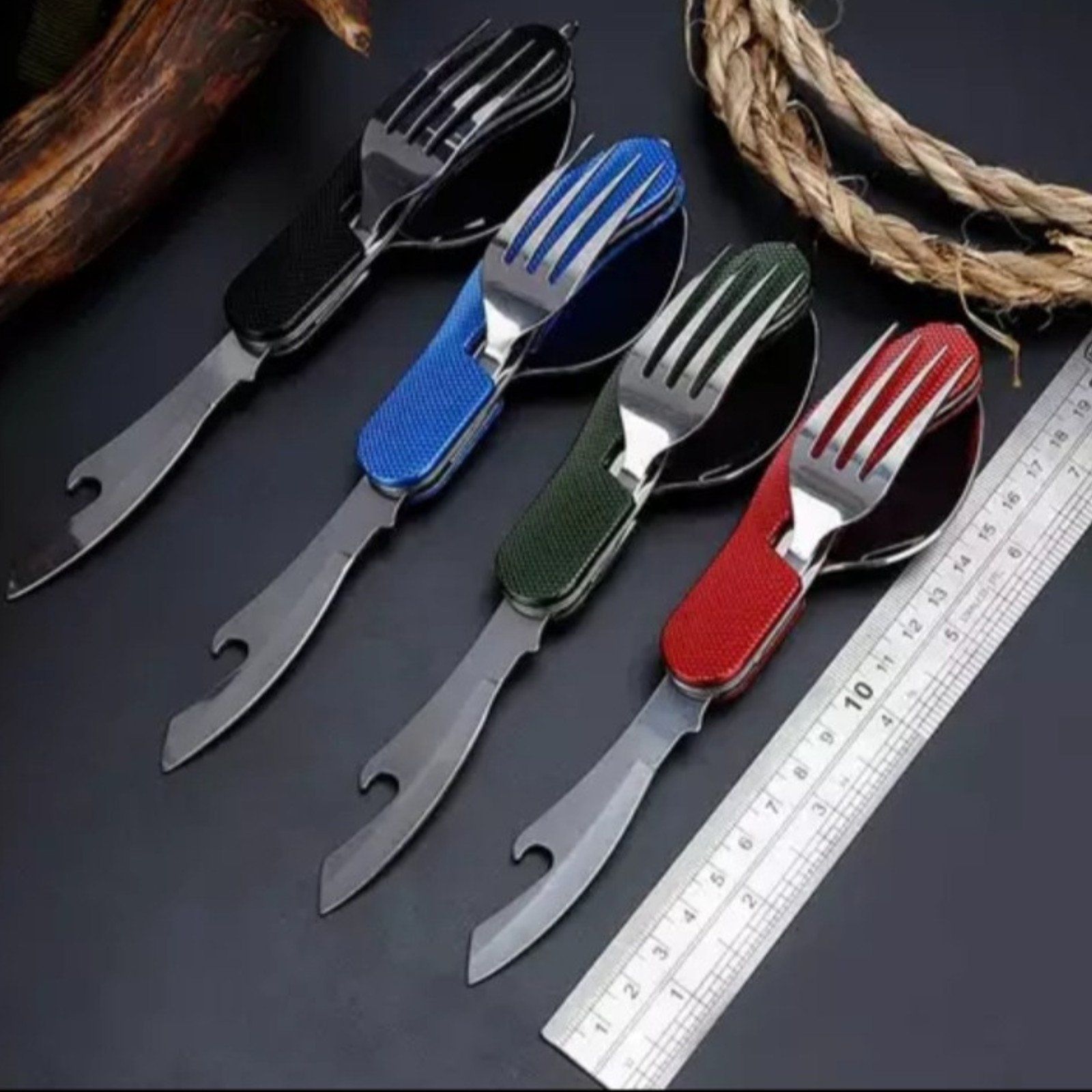 Camping Eating Utensil Set Folding Emergency Cutlery Knife Fork Spoon Kit NEW SS