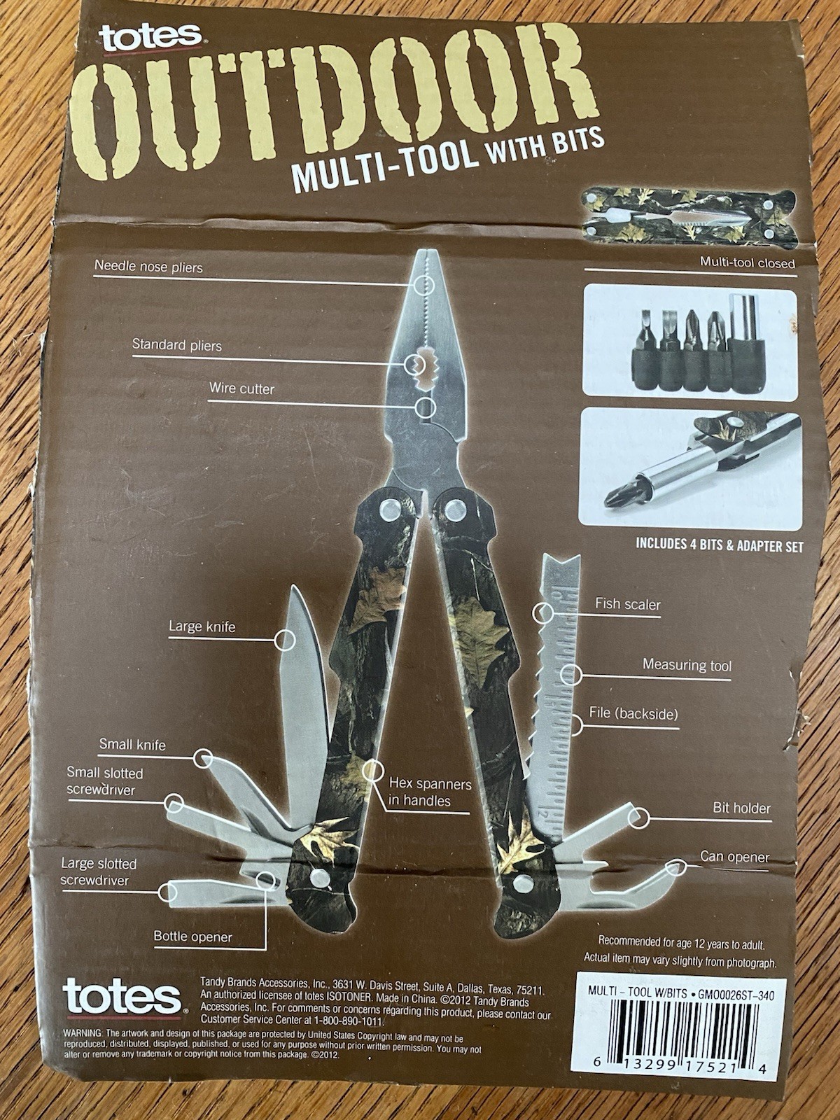 Totes Outdoor Multi-Tool With 4 Bits & Adapter Set 14 Function Camouflage