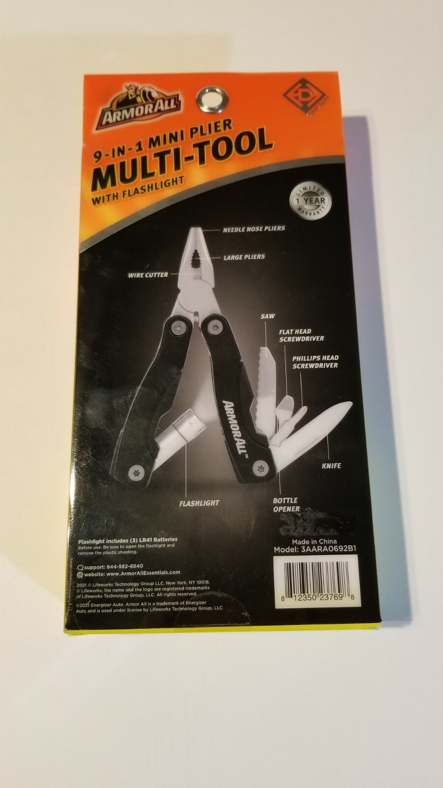 Armor All 9-in-1 mini plier multi-tool w/flashlight, New