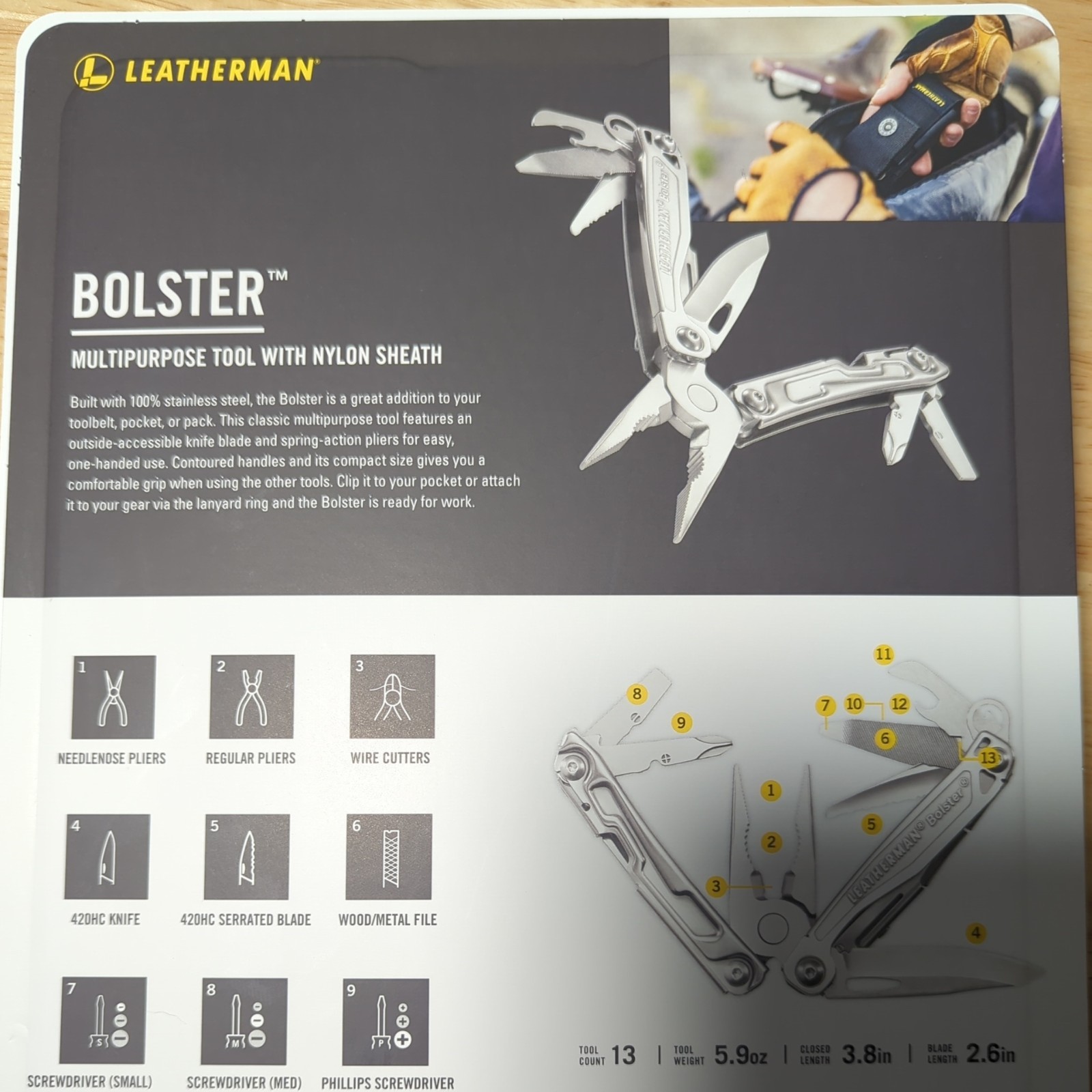 Leatherman Bolster Multipurpose Tool with Nylon Sheath, Stainless, 13 Tools NIP