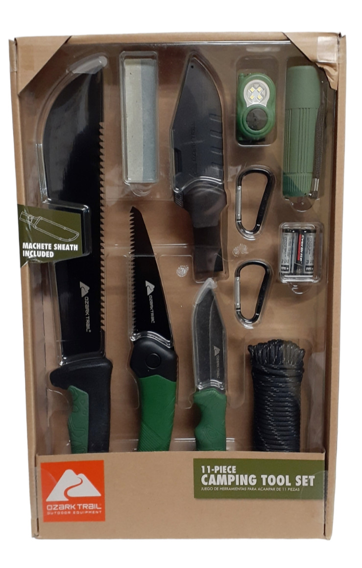 Ozark Trail 11 Pcs Camping Tool Set Black & Green 31344 Machete/Paracord/Carabin