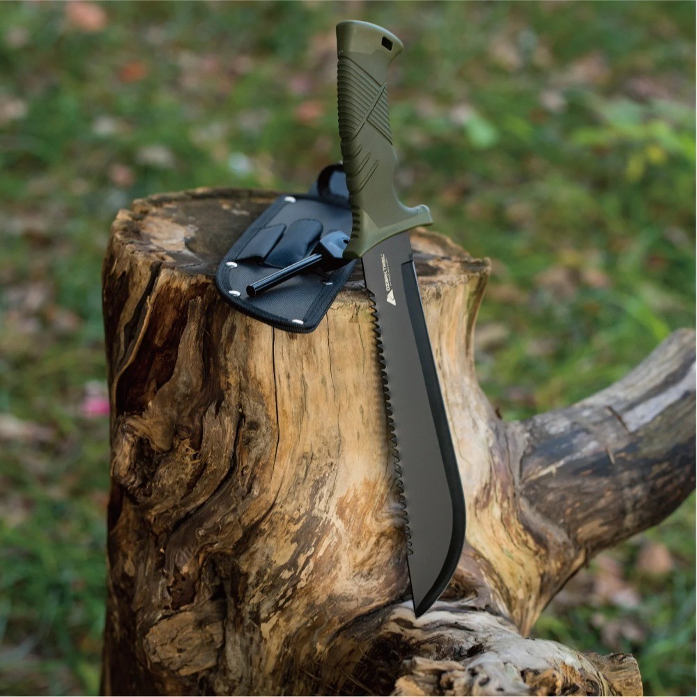 Survival Machete with Saw Teeth Back Spine and Fire Starter Ferro Rod Camping