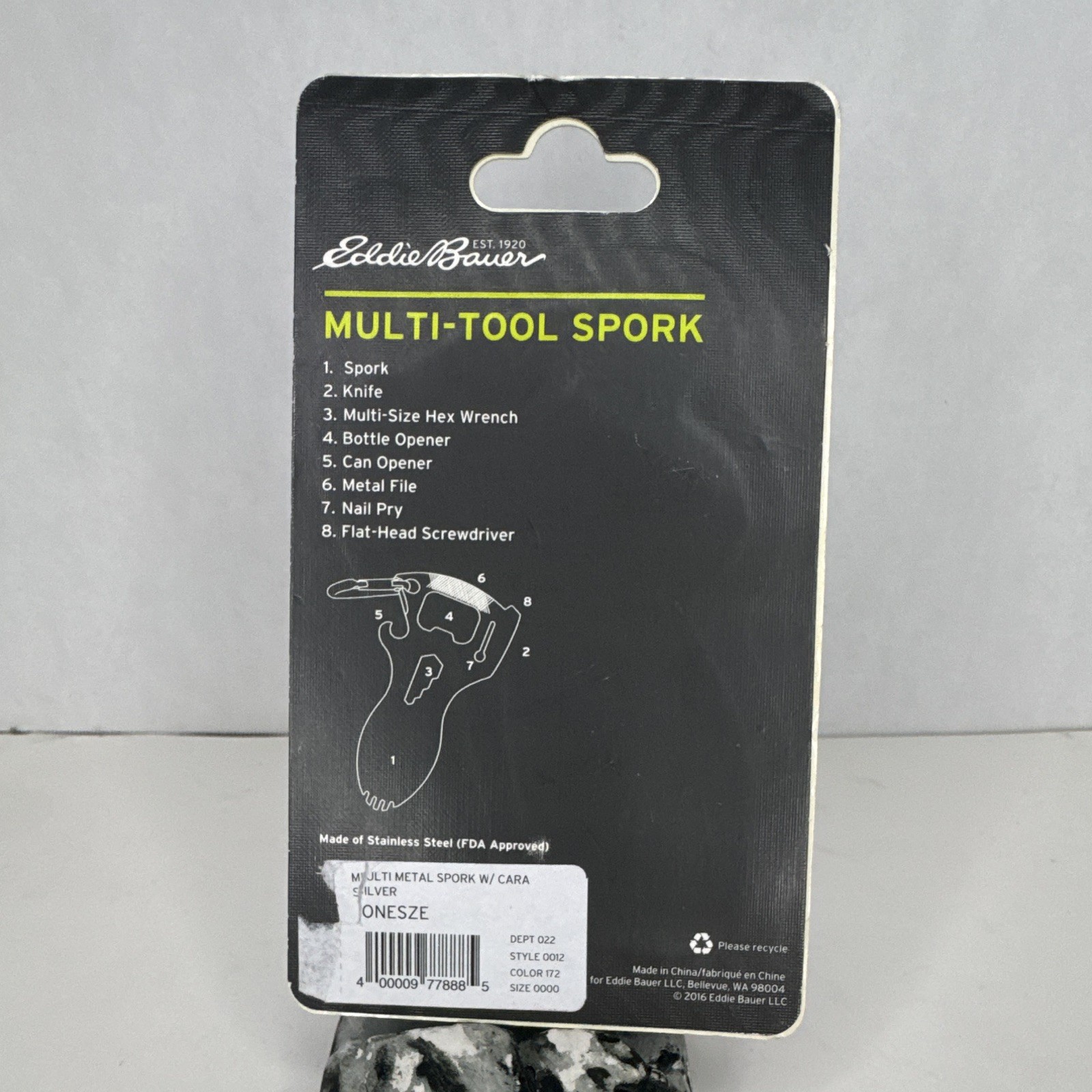Eddie Bauer Multi-Tool Spork 8-in-1 Stainless Steel w/ Carabiner, Silver