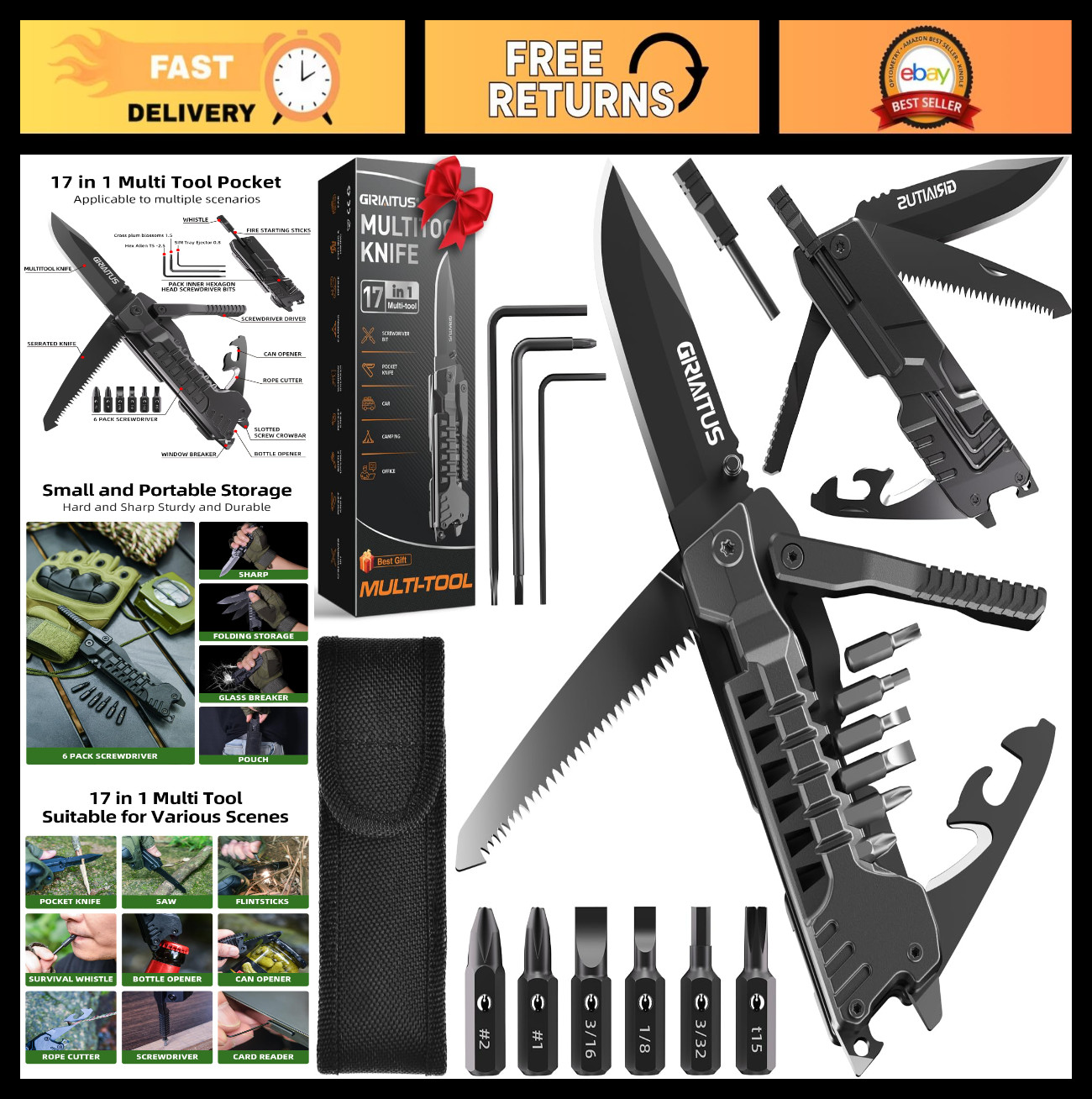 17-in-1 Multitool Knife with Fire Starter, Screwdrivers, Whistle & More – Ideal