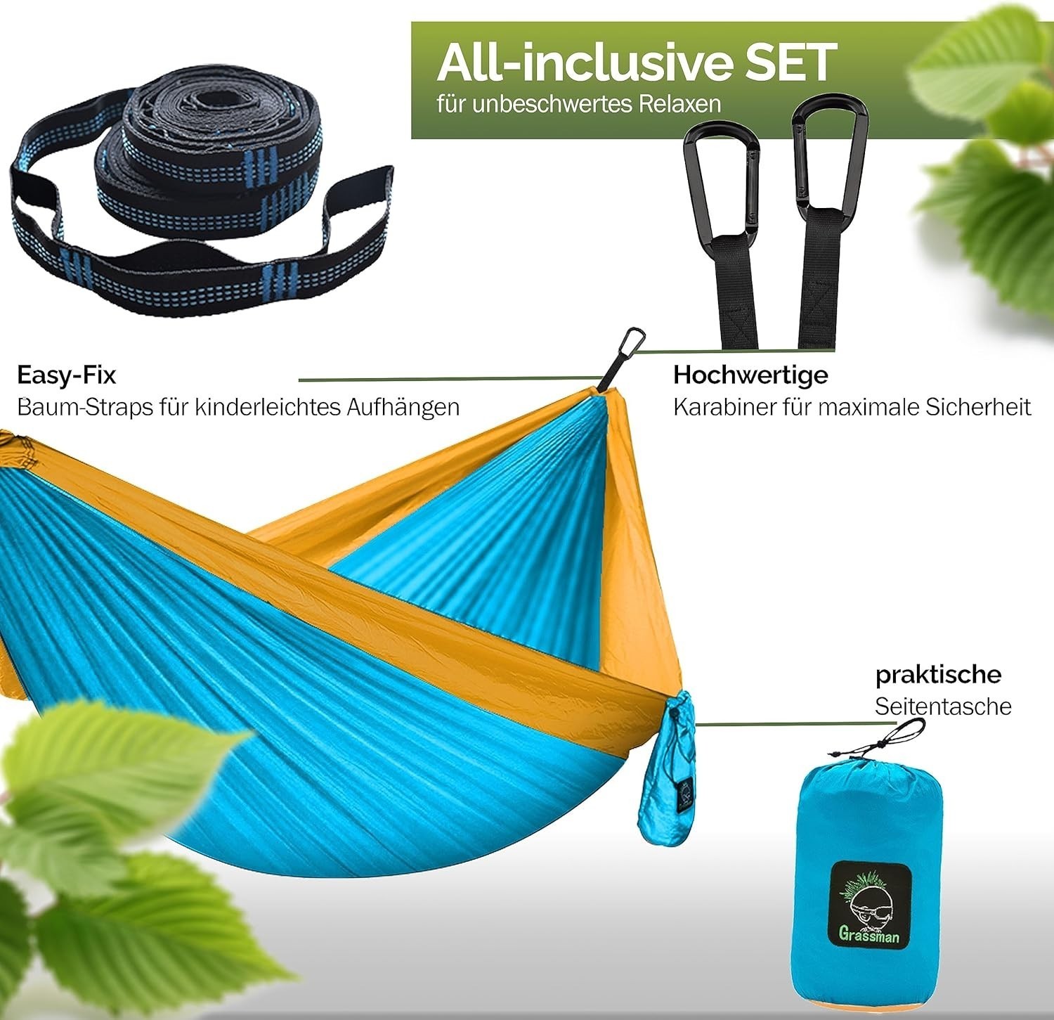 Robust hammock camping set – Comfortable outdoor hammock with tree straps