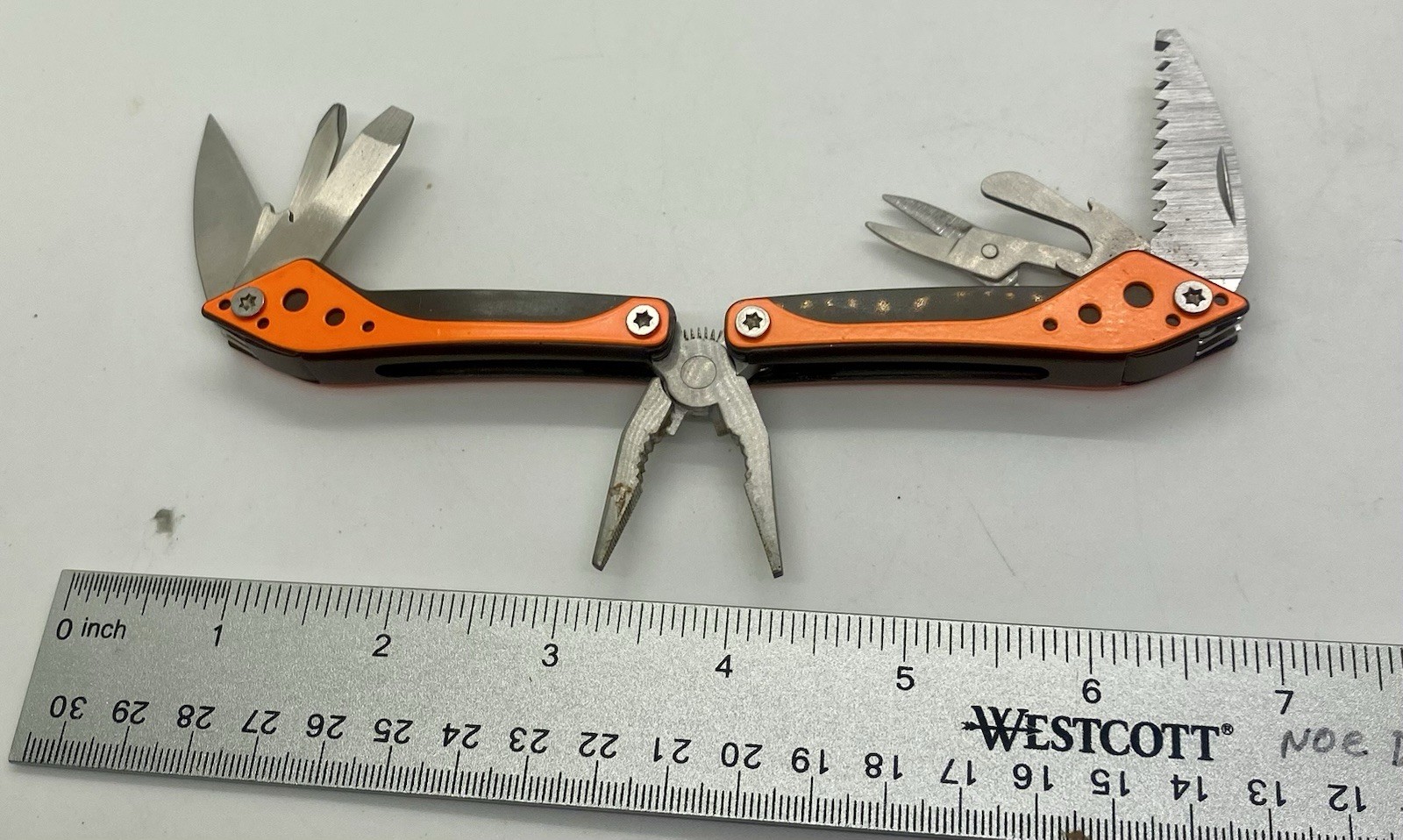 Cabela’s Multi-Tool 7 Tools in 1 Orange Knife Pliers Stainless Steel Black Case