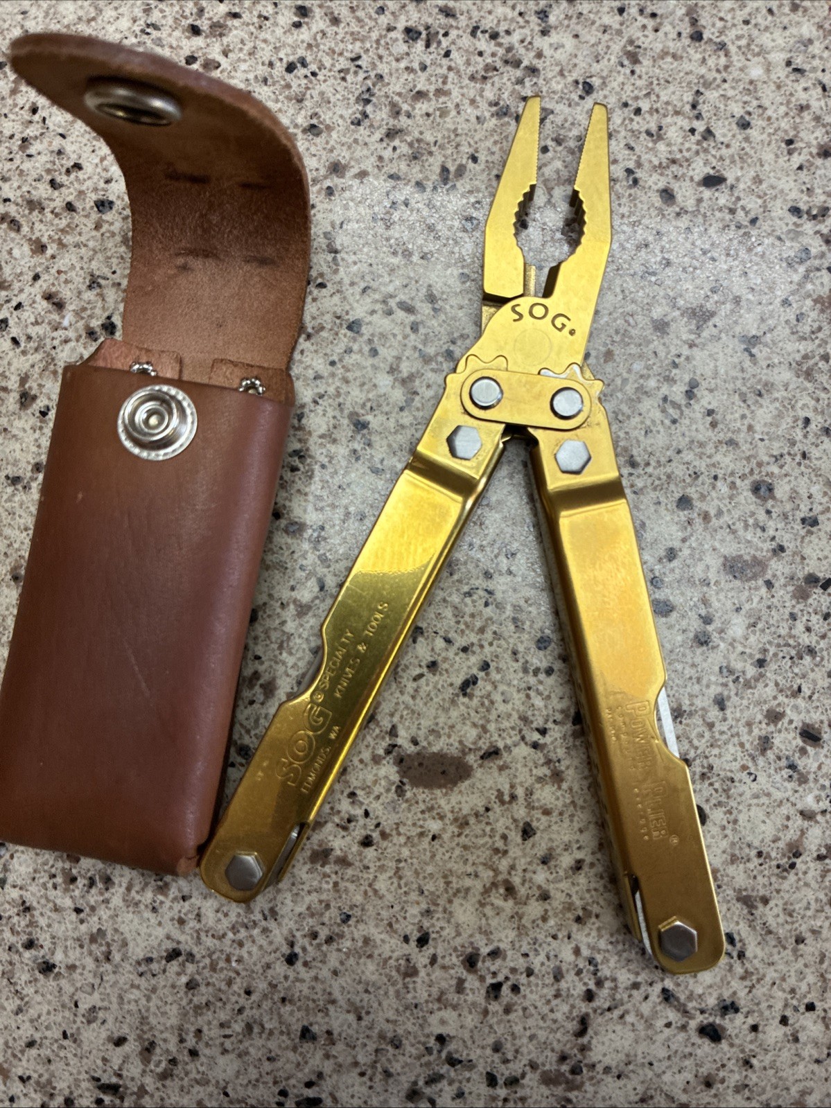 VINTAGE ORIGINAL SOG Power Plier Multi-Tool TiNi Gold w/ Leather Sheath NIB
