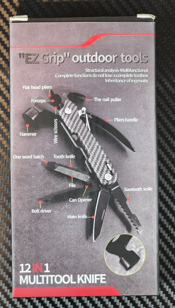 EZ Grip 12 in 1 Multitool Hammer Knife Pliers Saw Screwdriver CarbonFiber Design