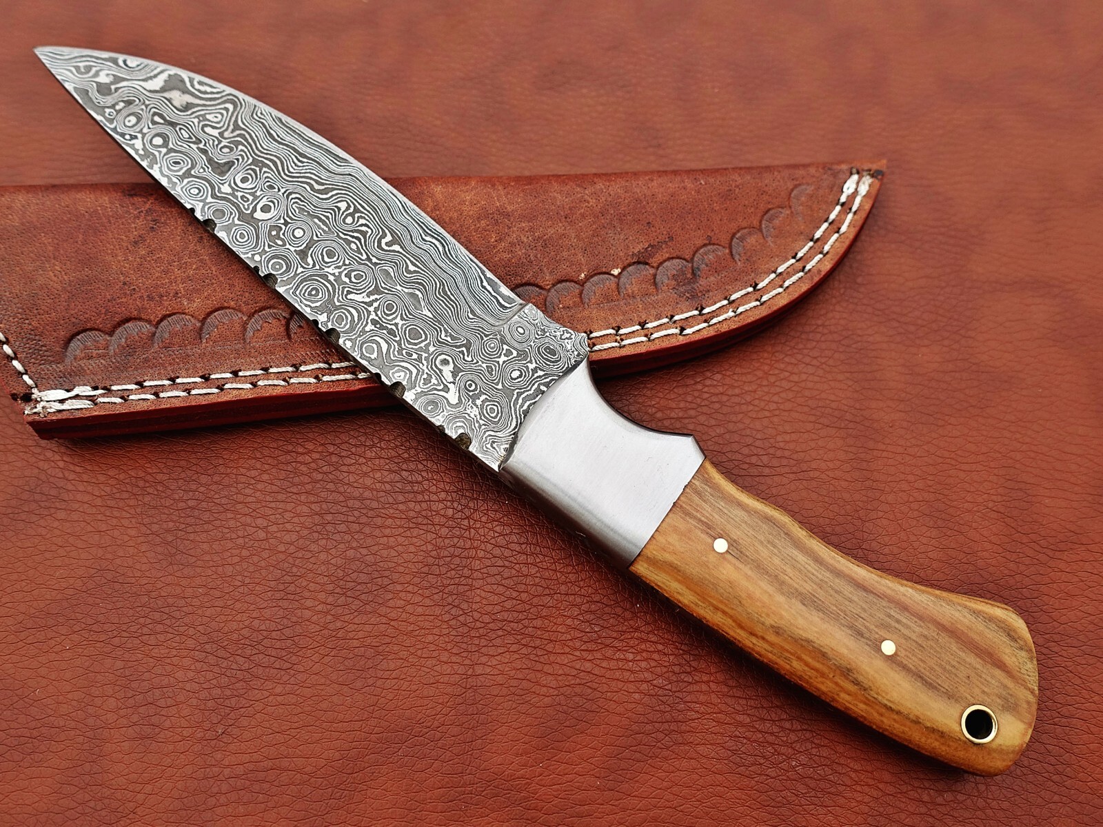 9.5″ Rain drop Damascus steel Kow wood scale Skinning knife W/ Leather sheath