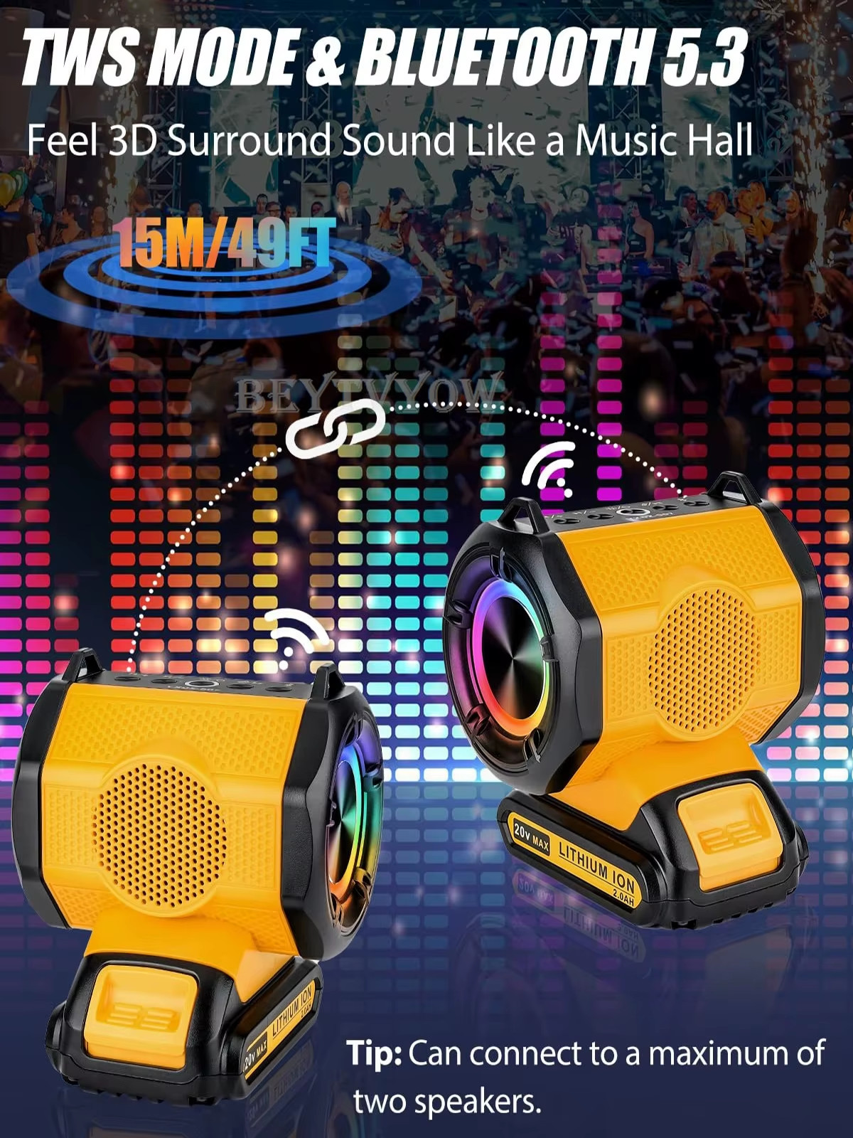 Bluetooth Speaker for Dewalt 20v 60v Battery With USB-A/C ports RGB Light 30W Co