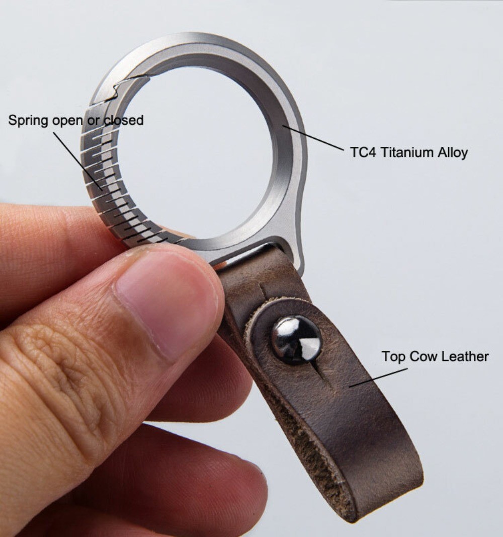 Titanium Alloy + Leather Keychain Portable Removable Key Ring Pendant EDC Tool