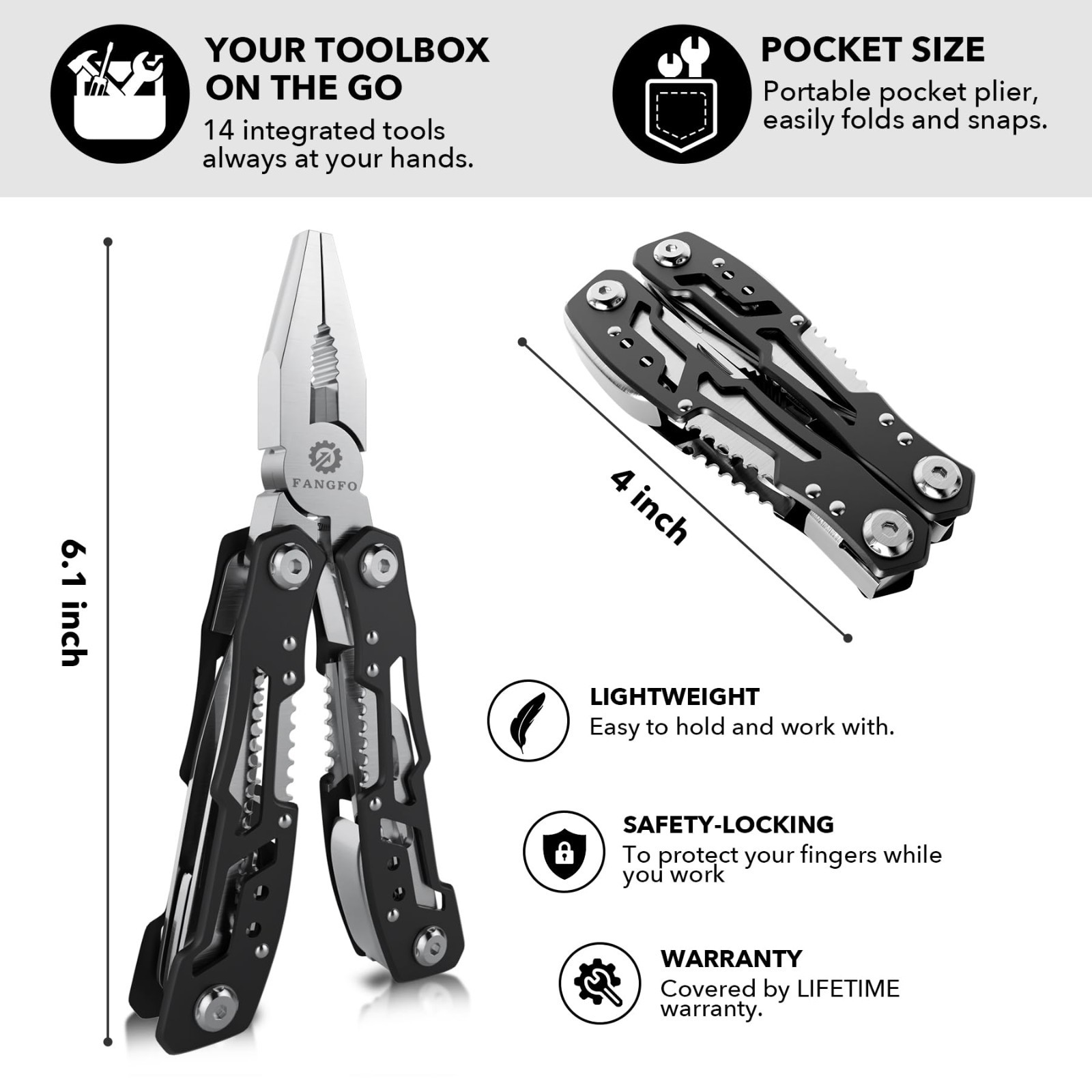 14-in-1 Stainless Steel Multitool with Safety Lock, Pliers, Knife & Sheath – Cam