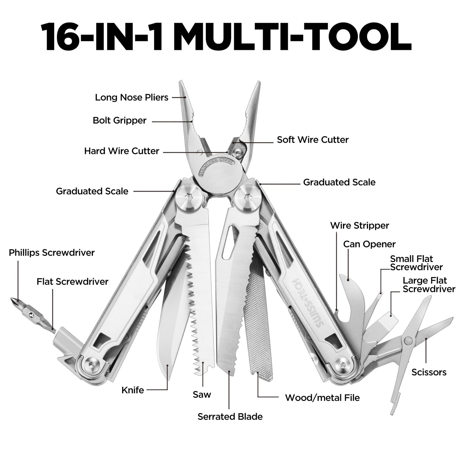 Multi-Function Pliers 16in1, Mulitool Folding Multifunctional Pliers, Stainless Steel…