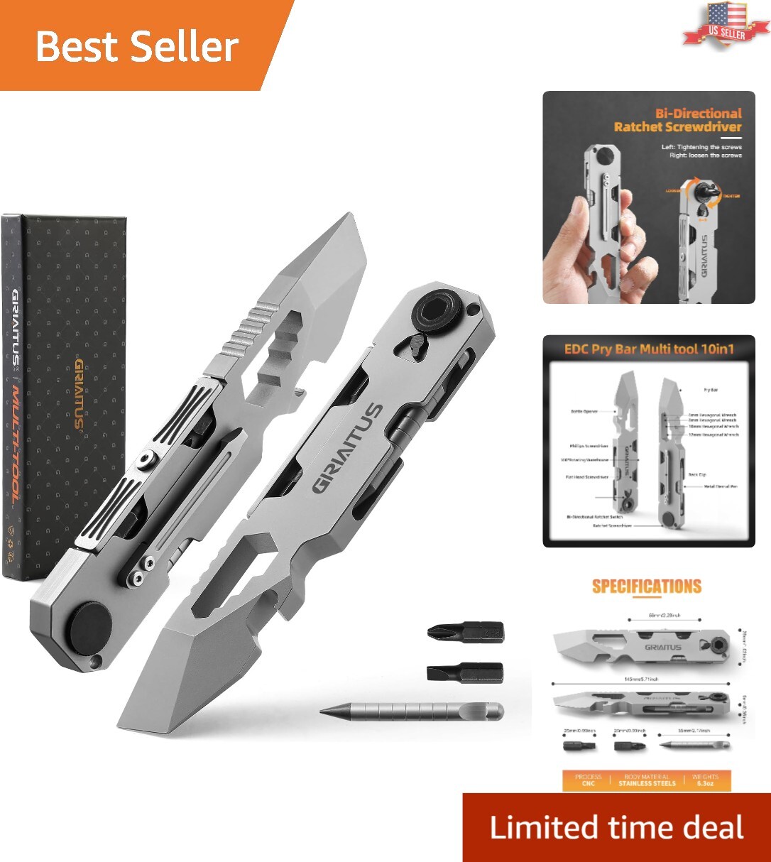 Luxury EDC Pry Bar Multitool – Compact Ratchet Screwdriver & Magnetic Pen, Grey