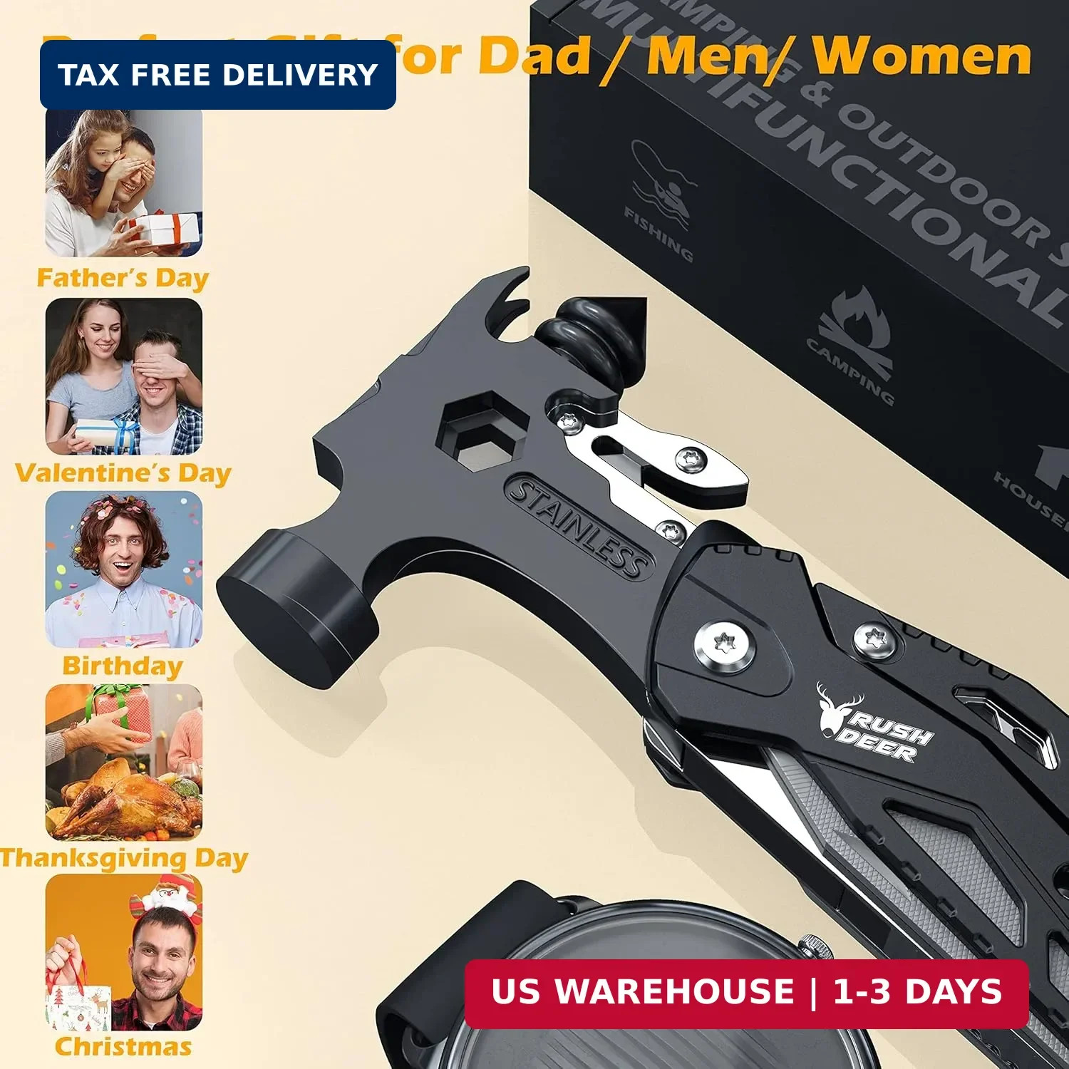 Rush Deer Camping Essentials Multitool,16 in 1 Multi Tool Survival Gear with Ham