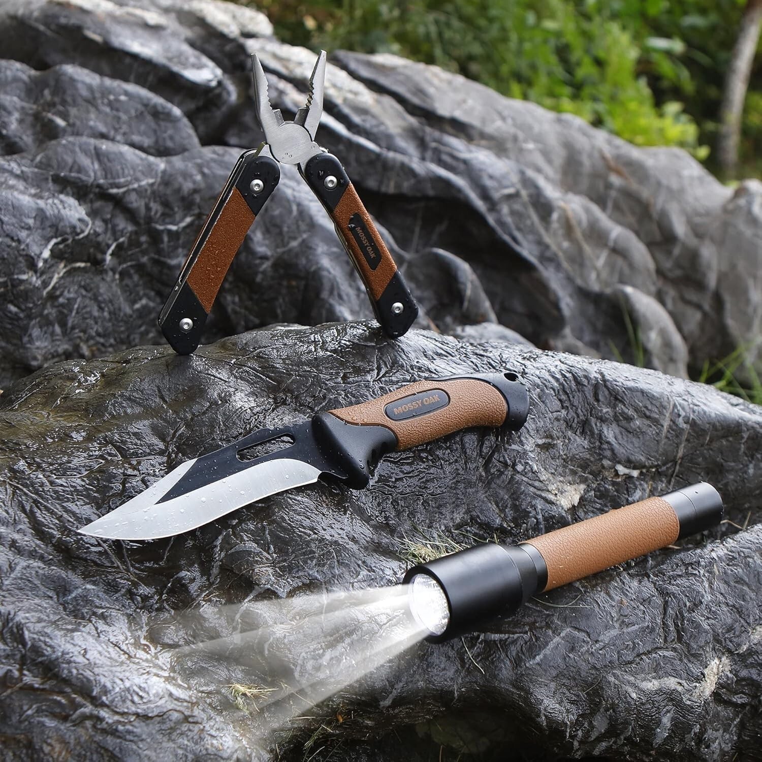 Mossy Oak EDC 3 piece set, fixed blade pocket knife, 12 tool multitool, 3 mode f