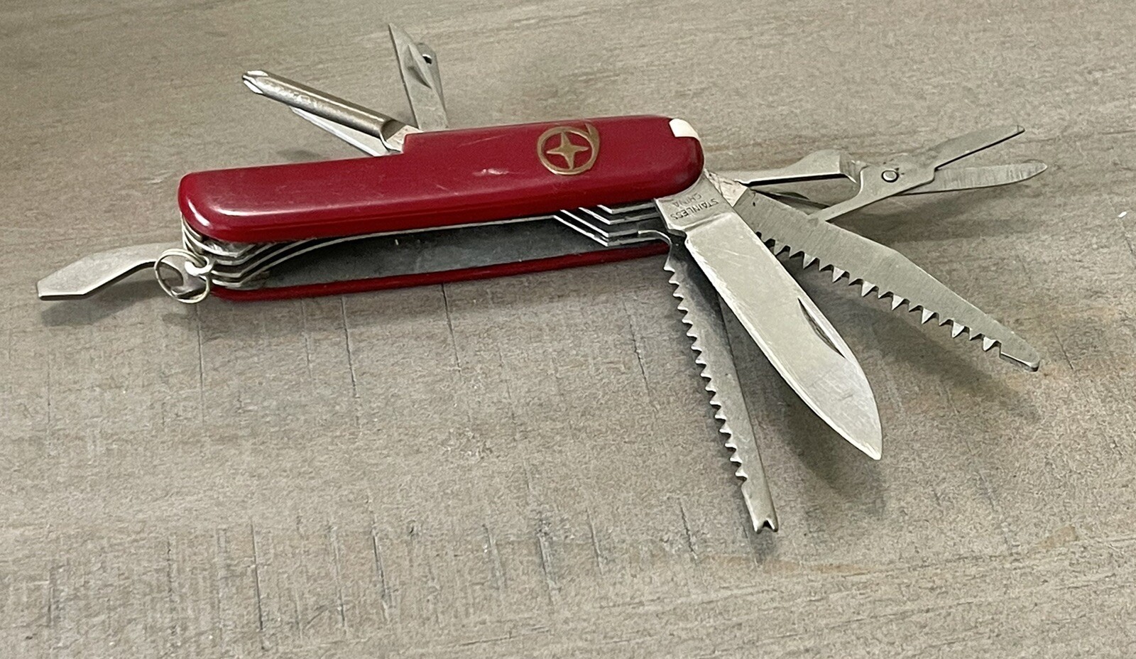Vintage Red Stainless China Multi Function Pocket Knife Multi Tool