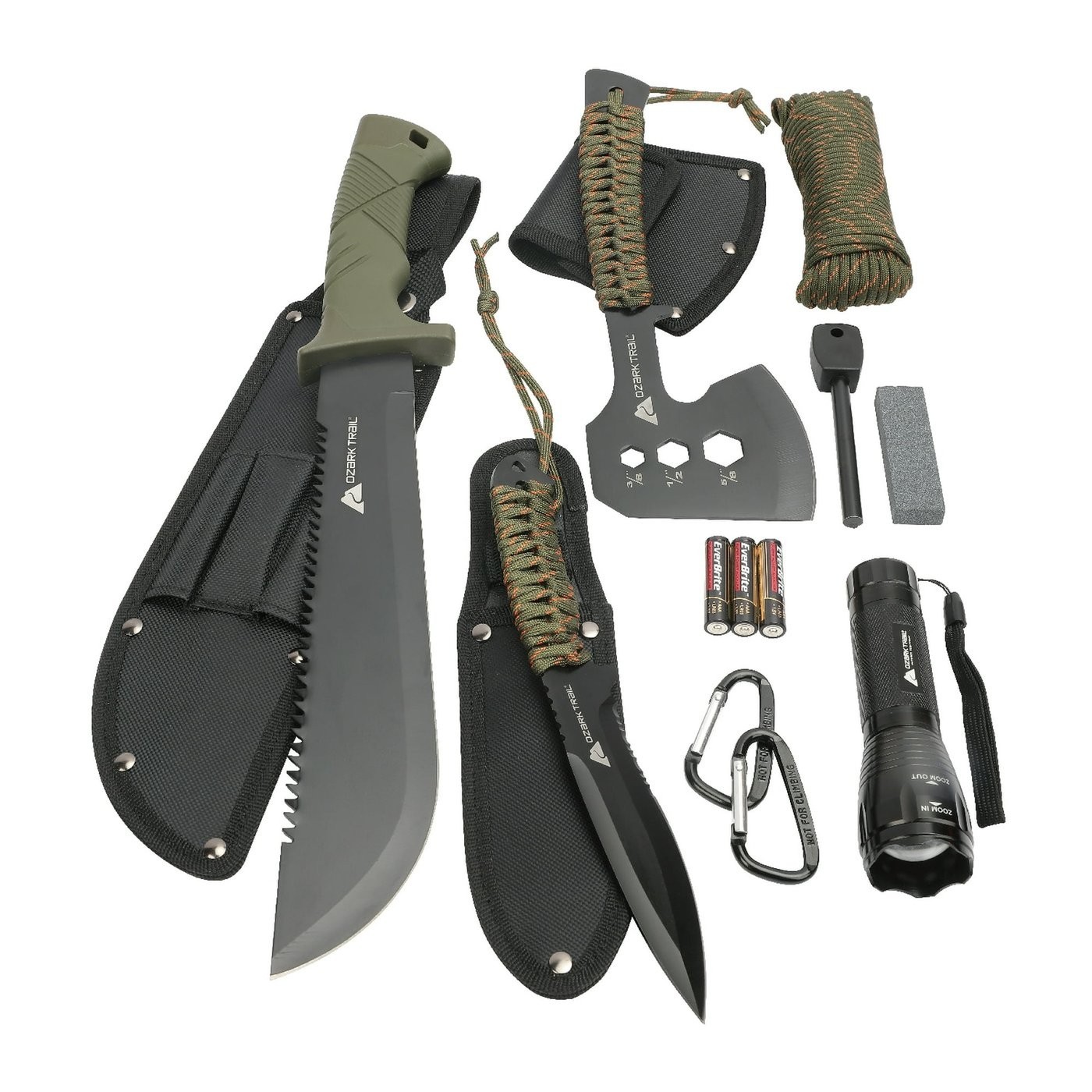 Ozark Trail 12 Pack Camping Tool Set with Flashlight, Machete, Knife – Green