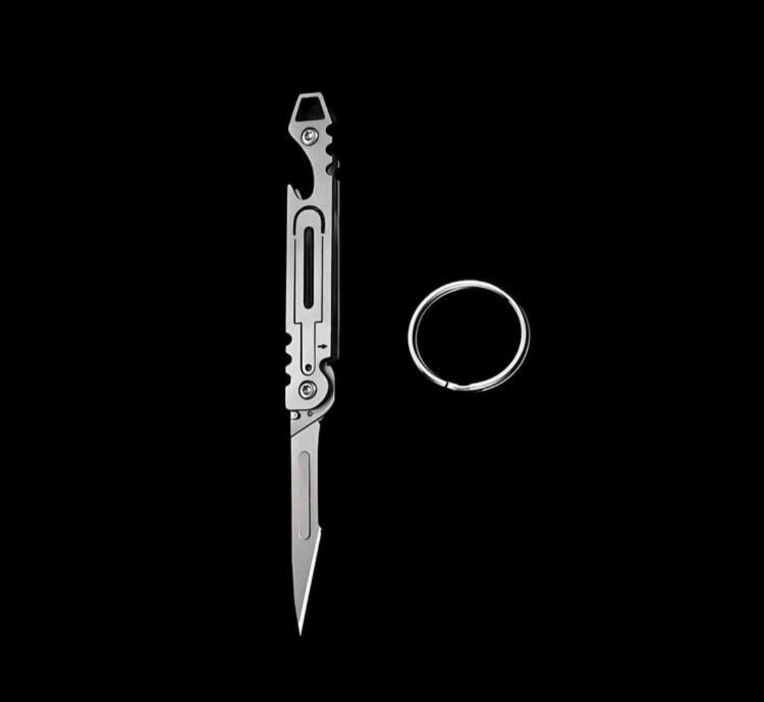 Stainless Steel Folding Keychain EDC Knife, Bottle Opener w/ replacement blades