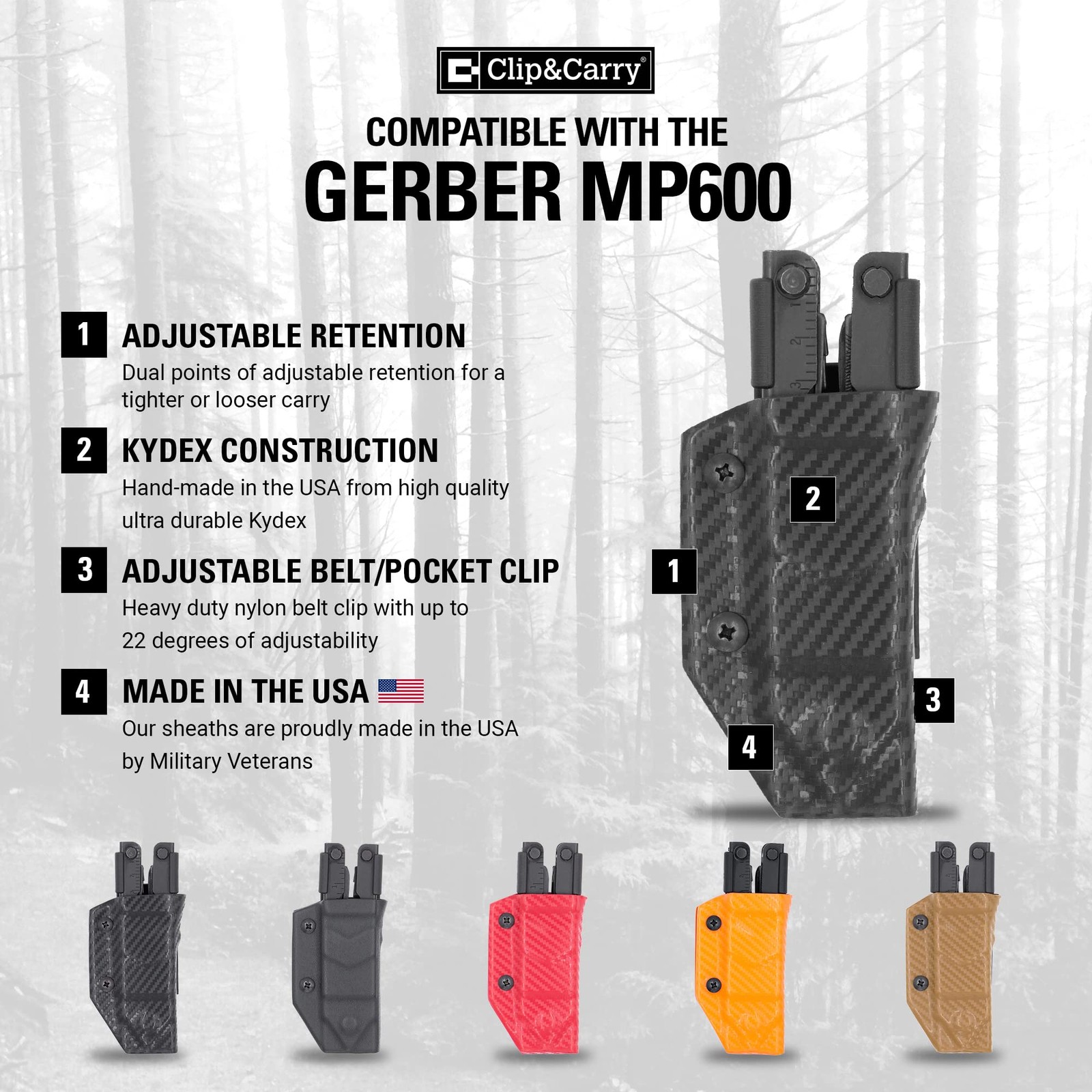 Clip & Carry Kydex Multitool Sheath for Gerber MP600 ~Fits bluntnose & needle…