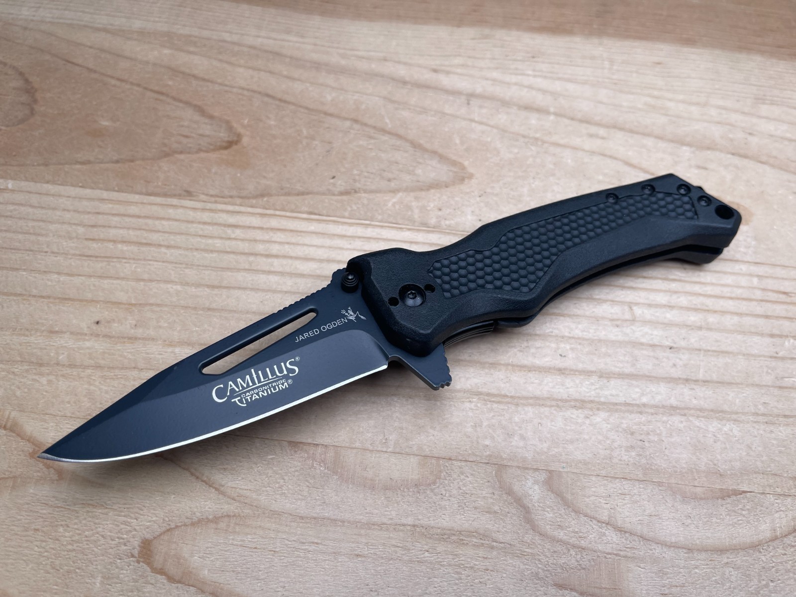 Camillus Jared Ogden Titanium NS-8B Plain Edge AUS-8 Black GFN Folding Knife