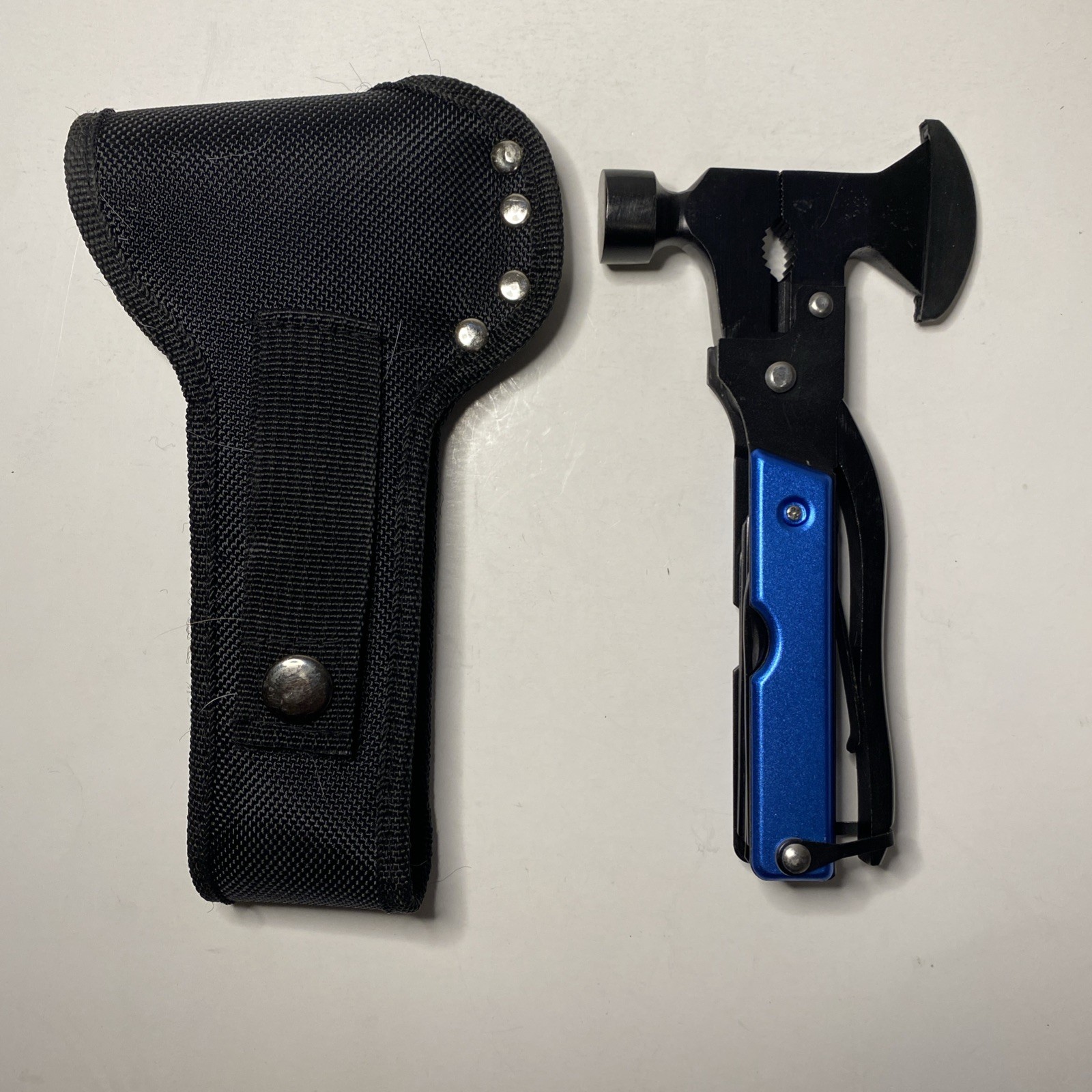 Folding Hammer Axe Multitool Blue Handle w/ Nylon Sheath