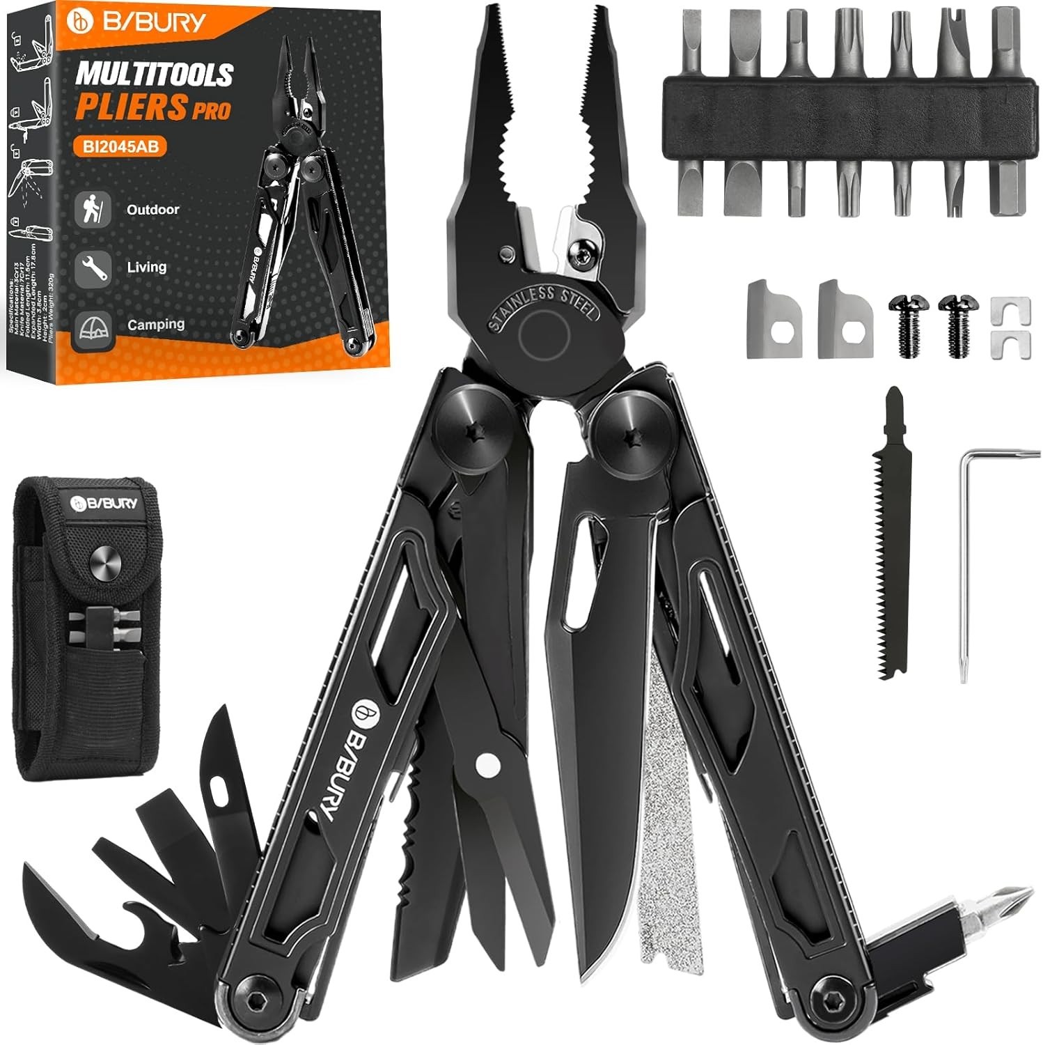 BIBURY Multitool Pliers Pro BI2045AB, Stainless Steel Foldable Multi Tool wit…
