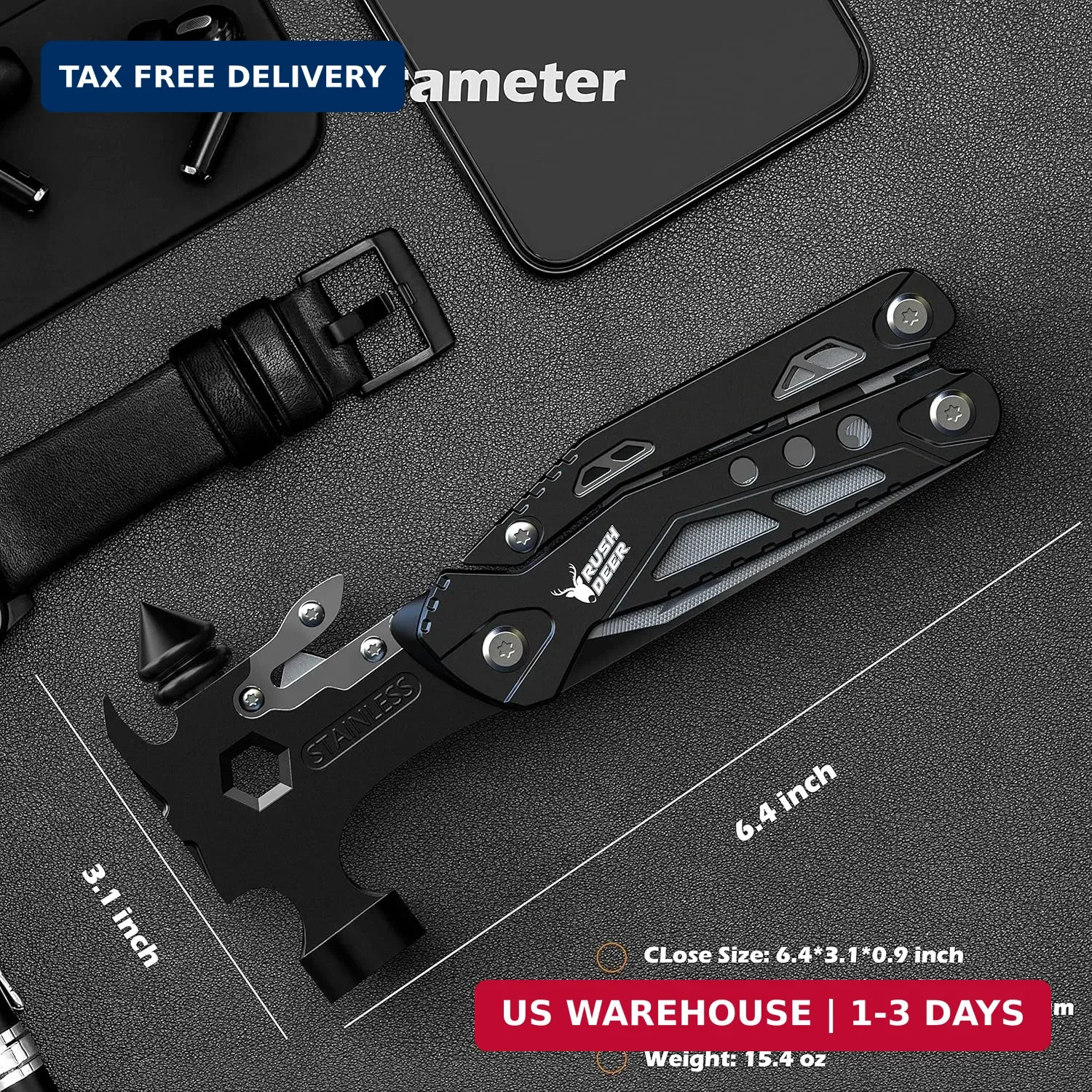 Rush Deer Camping Essentials Multitool,16 in 1 Multi Tool Survival Gear with Ham