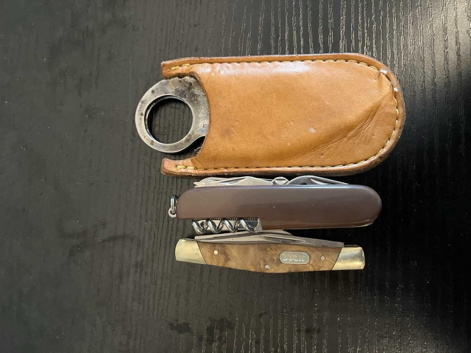 Buck Multi-Tool Pocket Knife Wood Metal Brown Silver with Leather Sheath