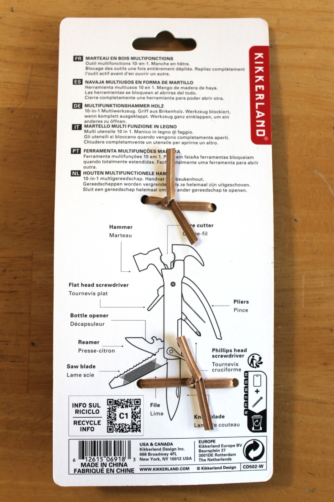 Kikkerland Wooden Hammer Multi-Tool Knives, Pliers, Screwdriver, Saw, Camping