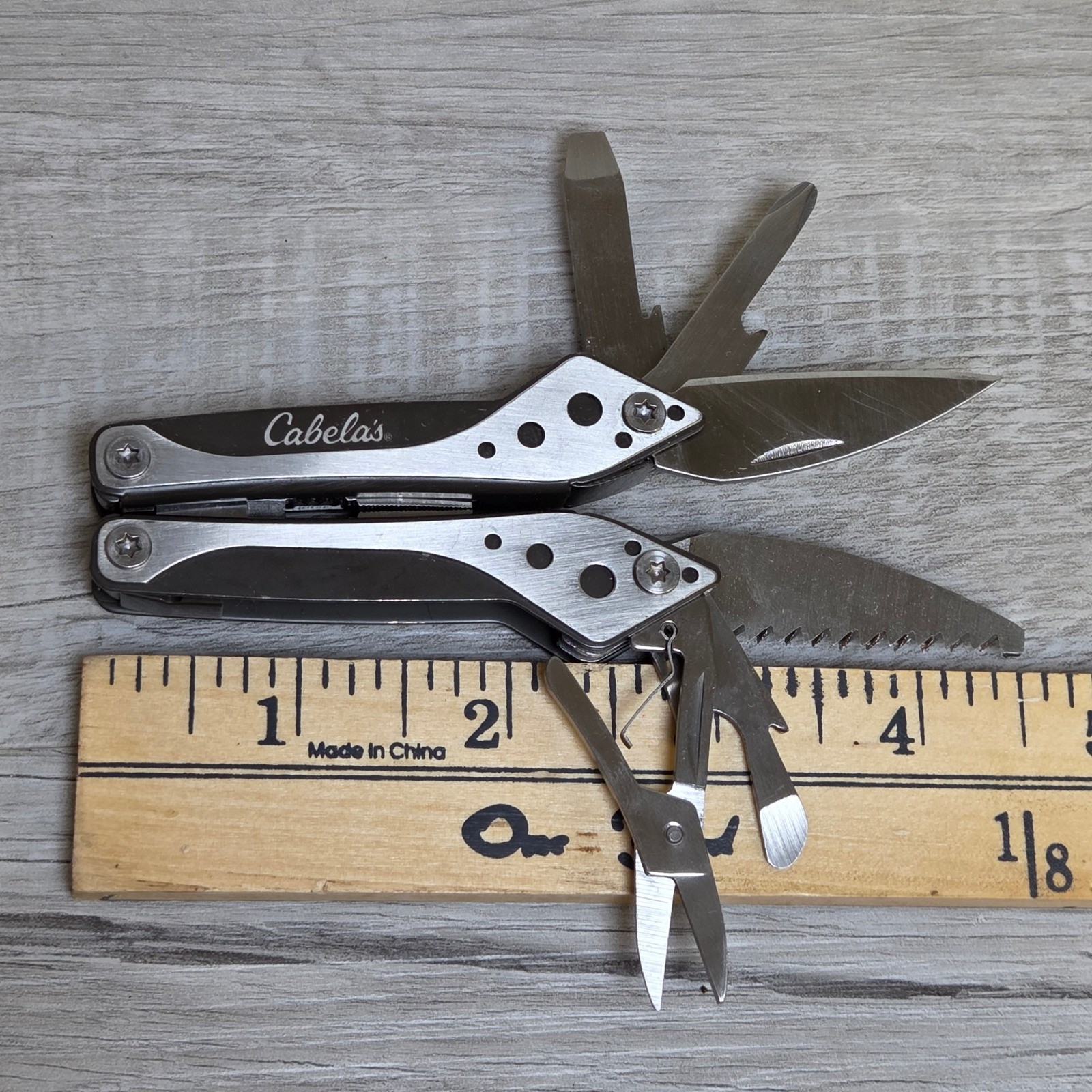 Cabelas Multi-Tool Pocket Folding Knife Pliers Saw Scissors Grey Silver 3 Inch