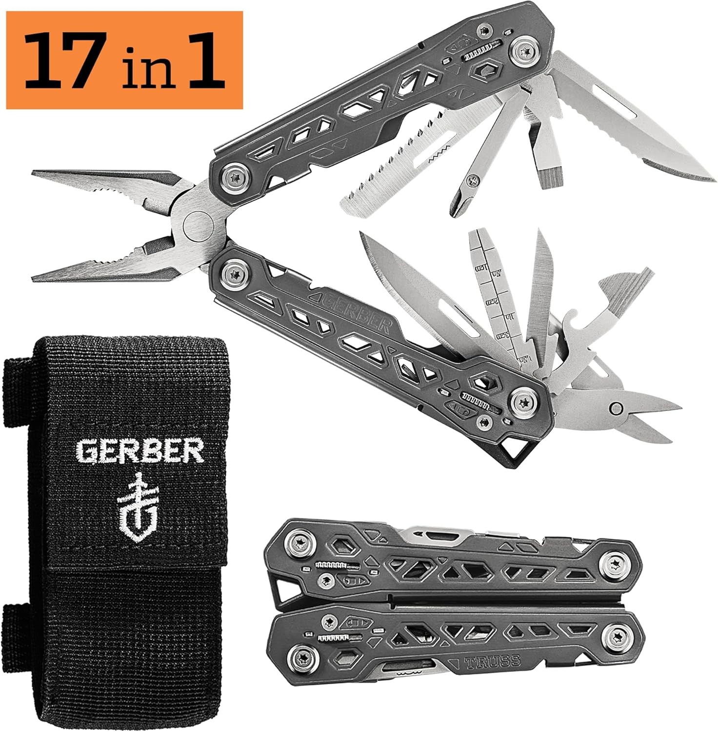 Gear Truss 17-In-1 EDC Needle Nose Pliers Multi Tool – Includes Pocket Knife, Sc