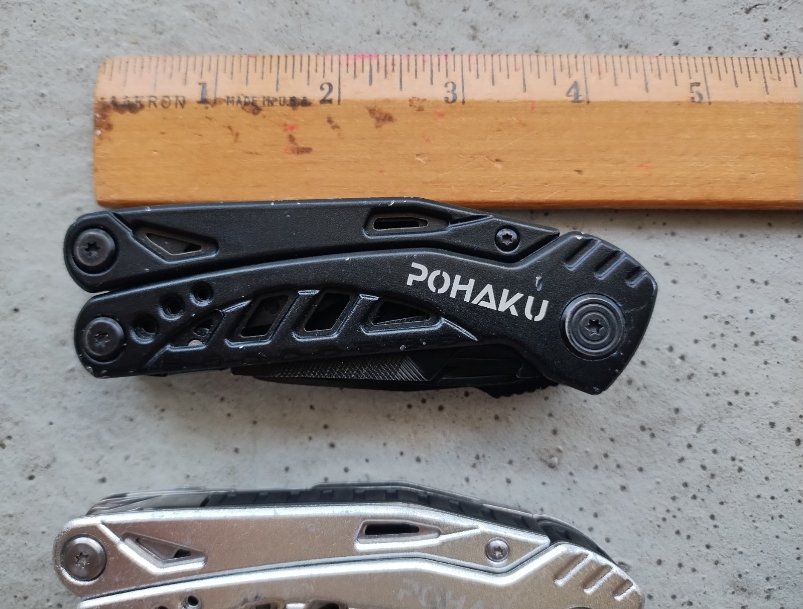 POHAKU BLACK & SILVER MULTI TOOL PLIERS KNIFE, SAW BLADE, FILE, ETC. LOT OF 2