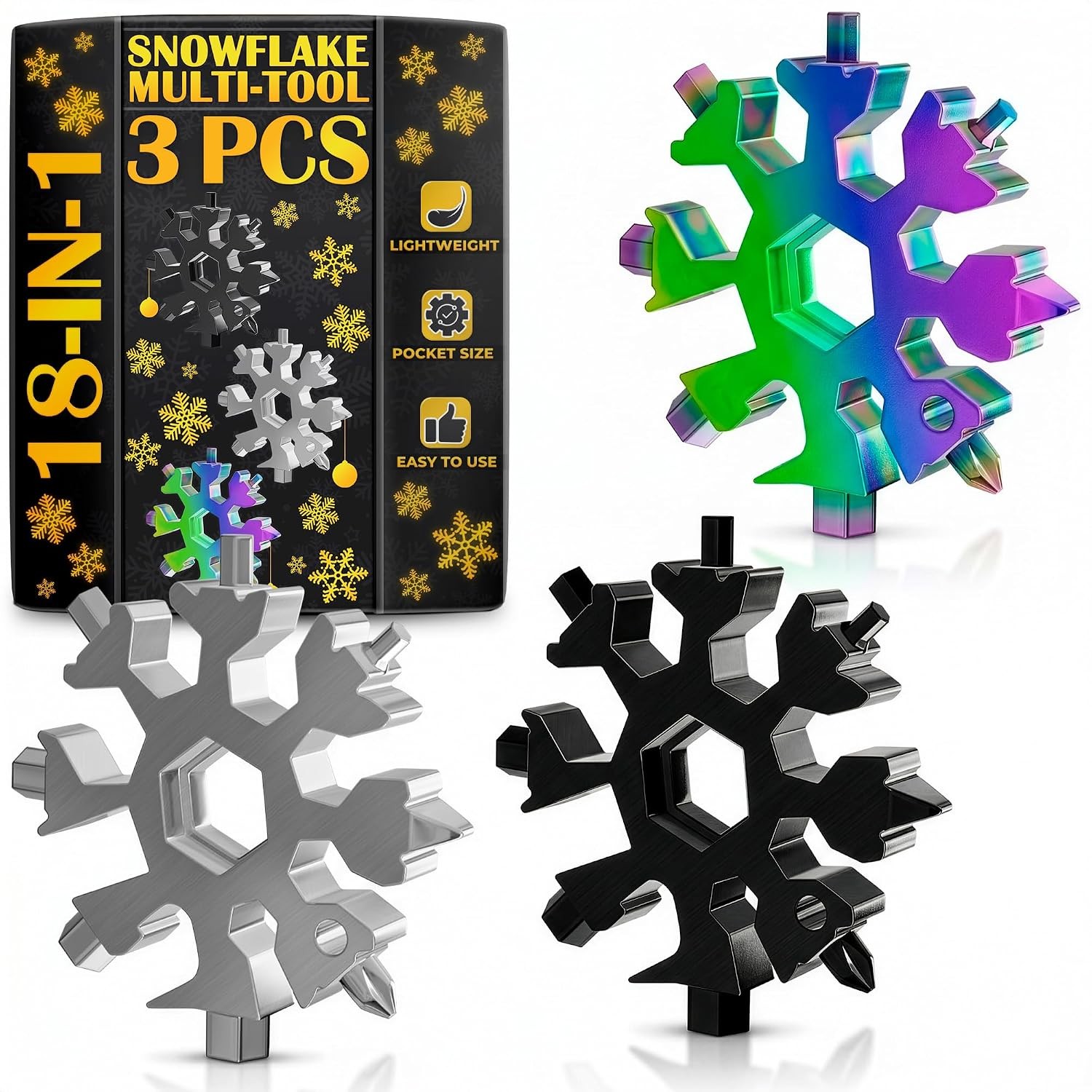 18 in 1 Snowflake Multi Tool Set of 3 – Compact and Portable Stainless Steel