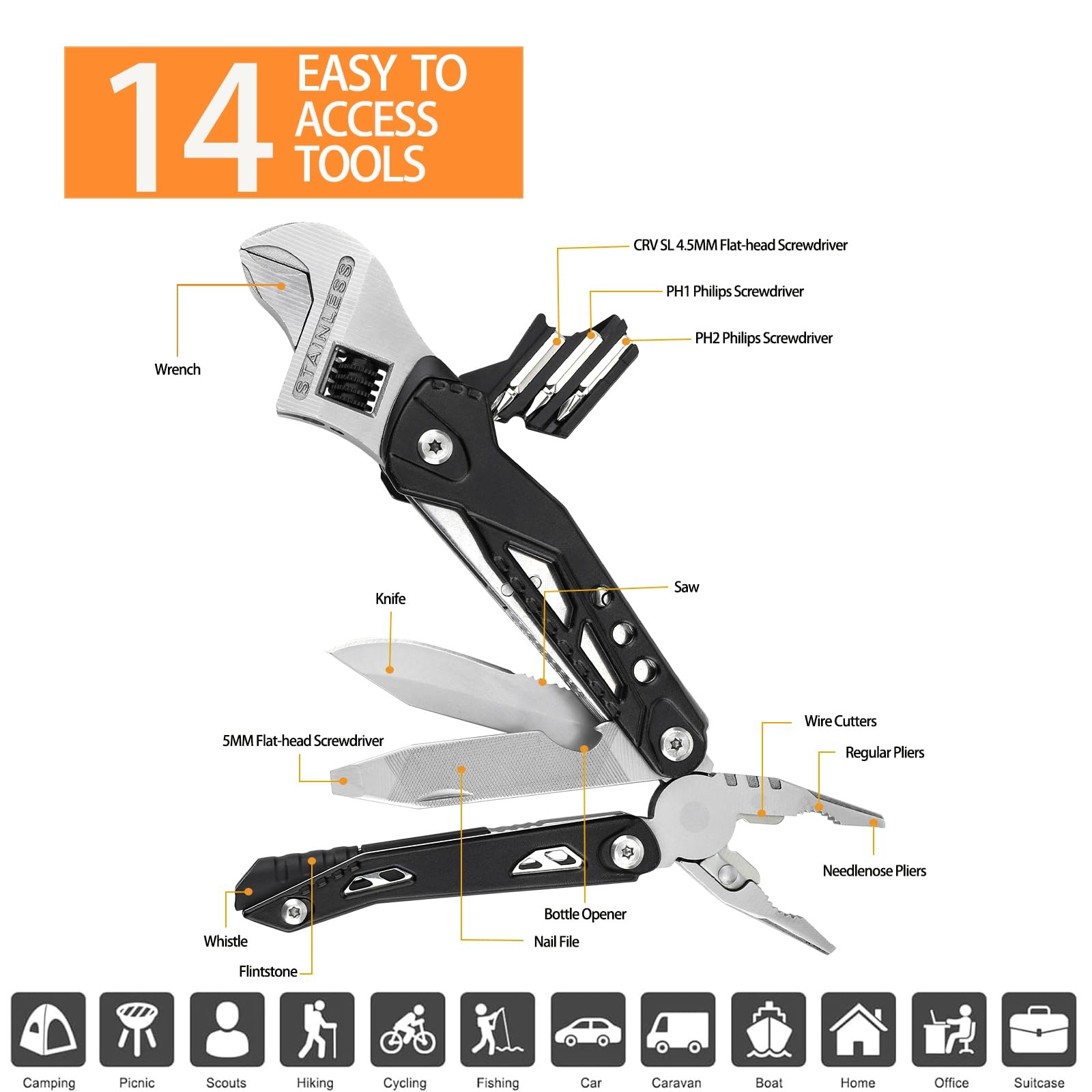 14-in-1 Adjustable Wrench Multitool EDC, Compact Multi Tool with Pliers, Knif…