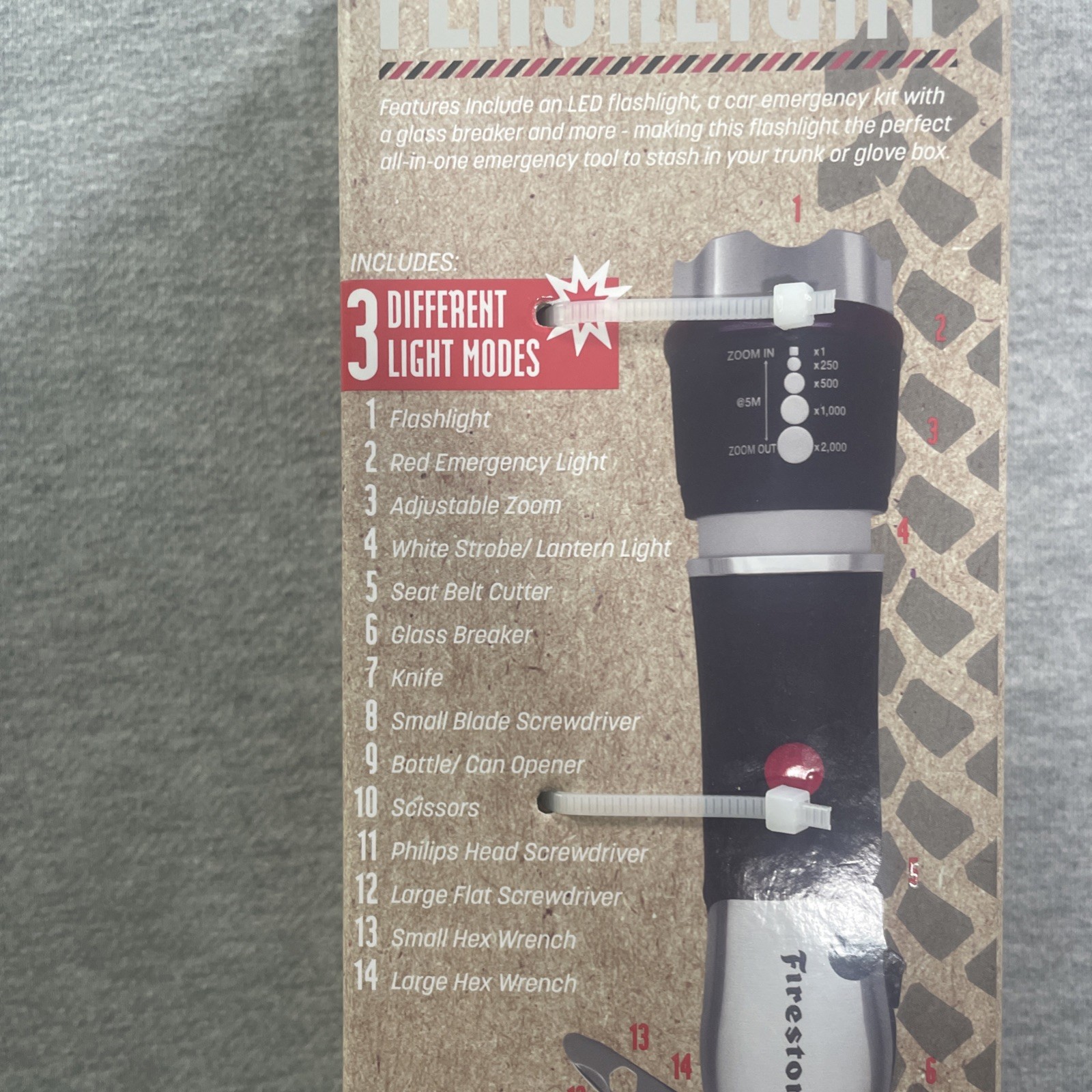 Firestone 14-in-1 Multi-Function Flashlight/LED Flashlight Car Emergency Kit NIB