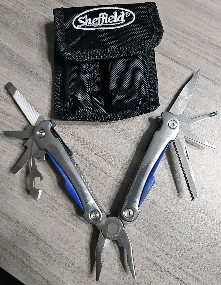 Sheffield Mini Multi Tool 9 in 1 Blue Handle Knife Pliers Saw Screwdriver
