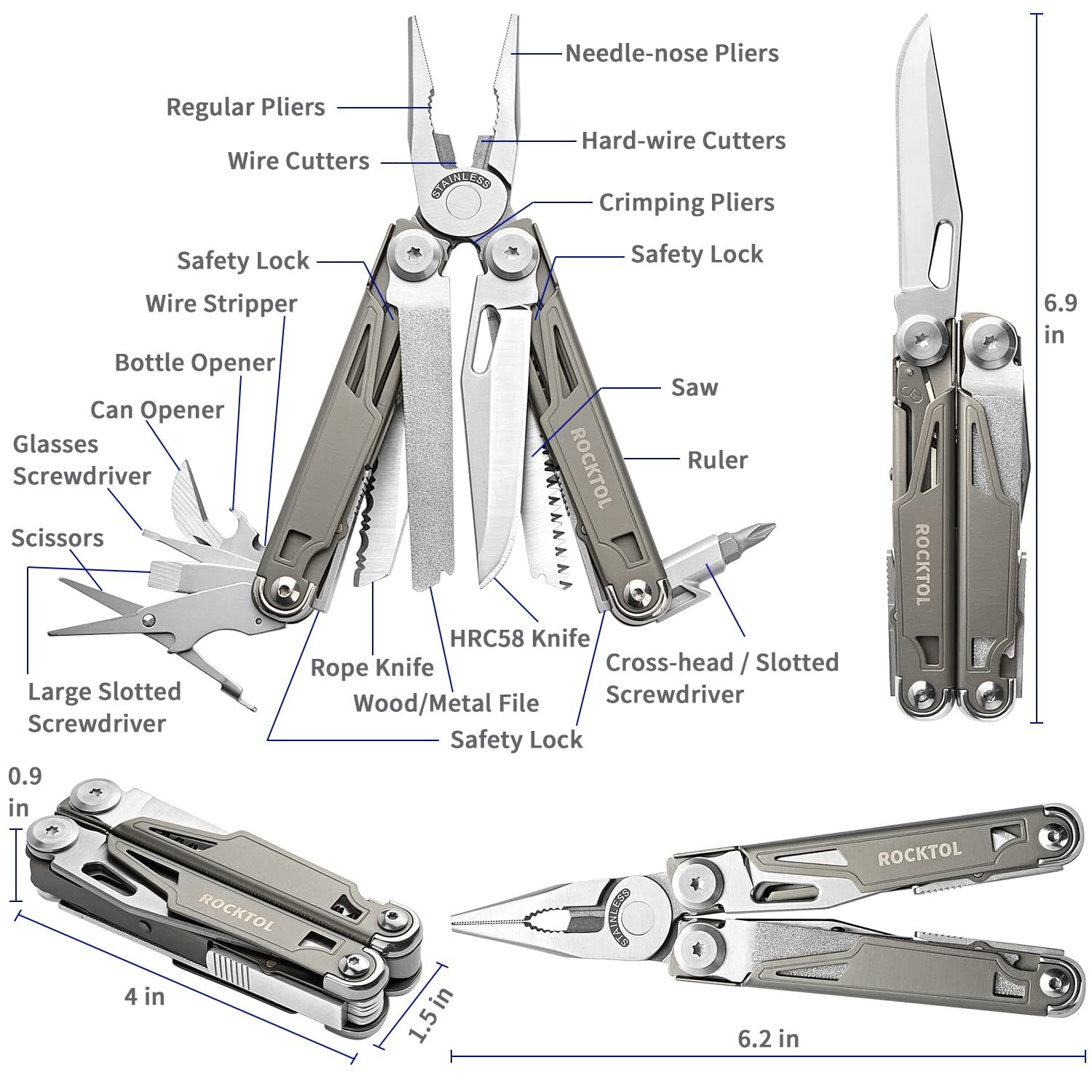 Multitool,19-in-1 Multitool Pliers with Titanium-plated Handle, Safety Lockin…