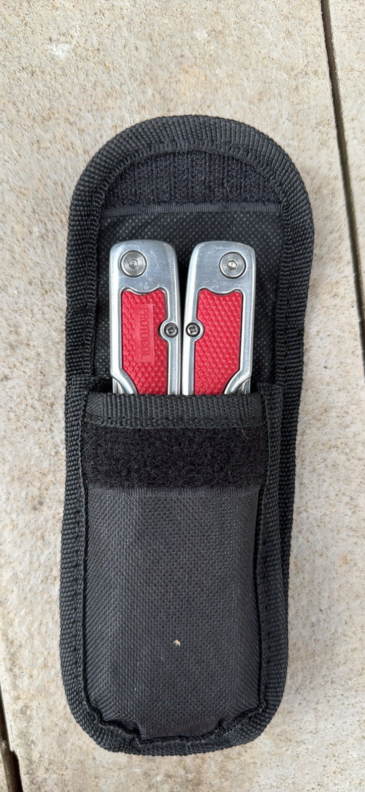 Protocol Red & Silver Multi-Tool, 8 Tools, Stainless Steel, Sheath, Bit Driver