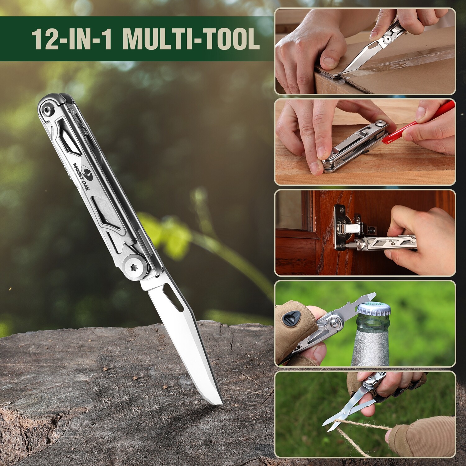 Mossy Oak 12-in-1 Multitool Folding Tool Multifunctional EDC Tool w/Belt Clip
