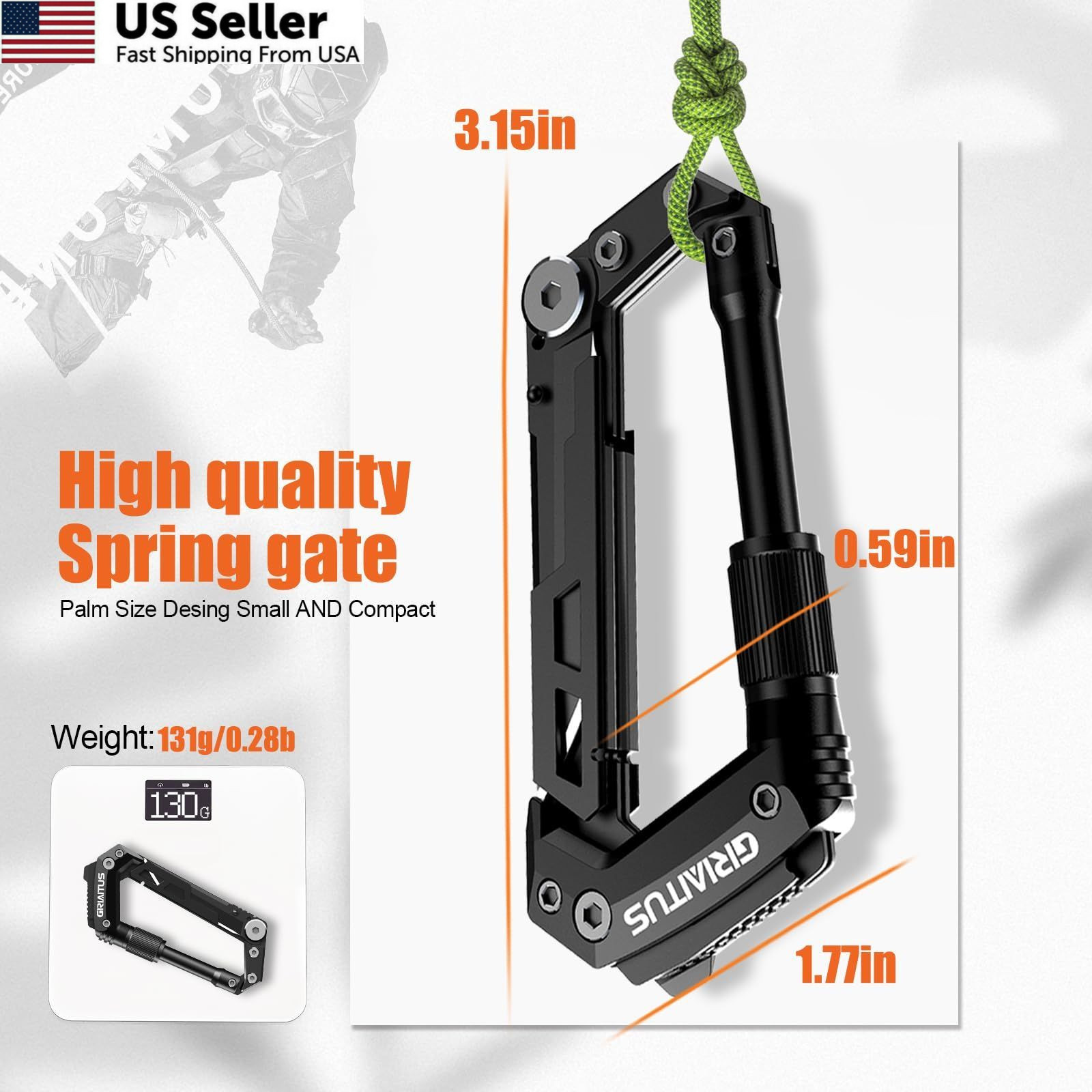Carabiner Multitool 8-in-1 EDC Carabiners Pocket Knife, Serrated Black