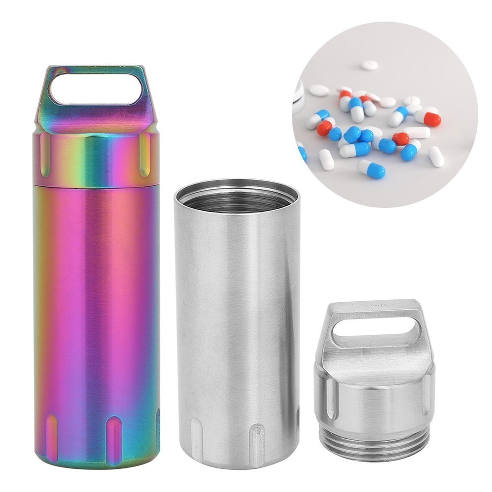 Portable Waterproof Stainless Steel Pills Case Container Bottle Keychain