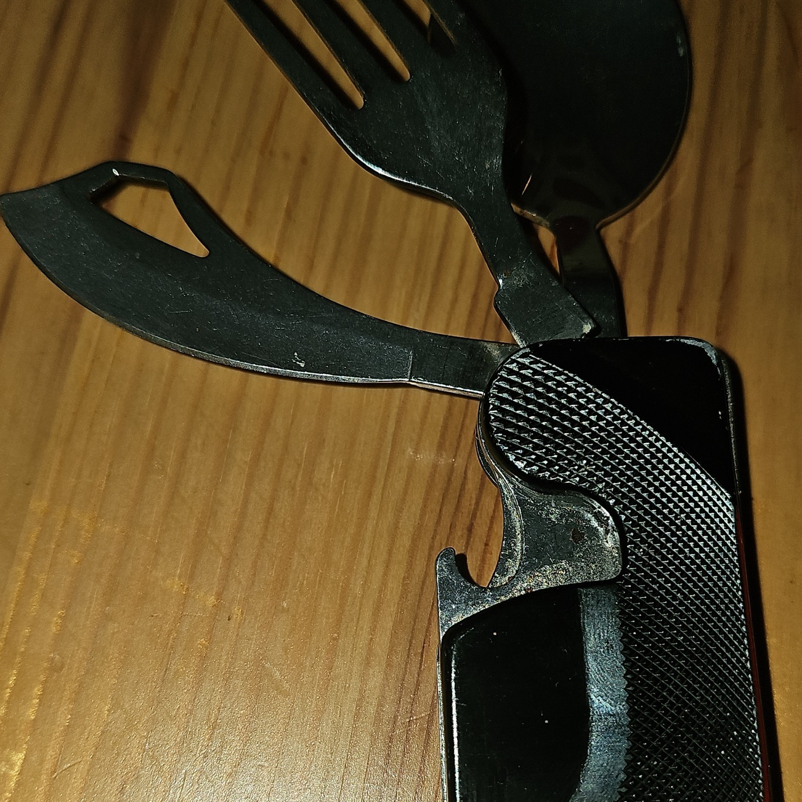 Multi-Tool Stainless Steel Silver Black Knife Fork Spoon Bottle Opener