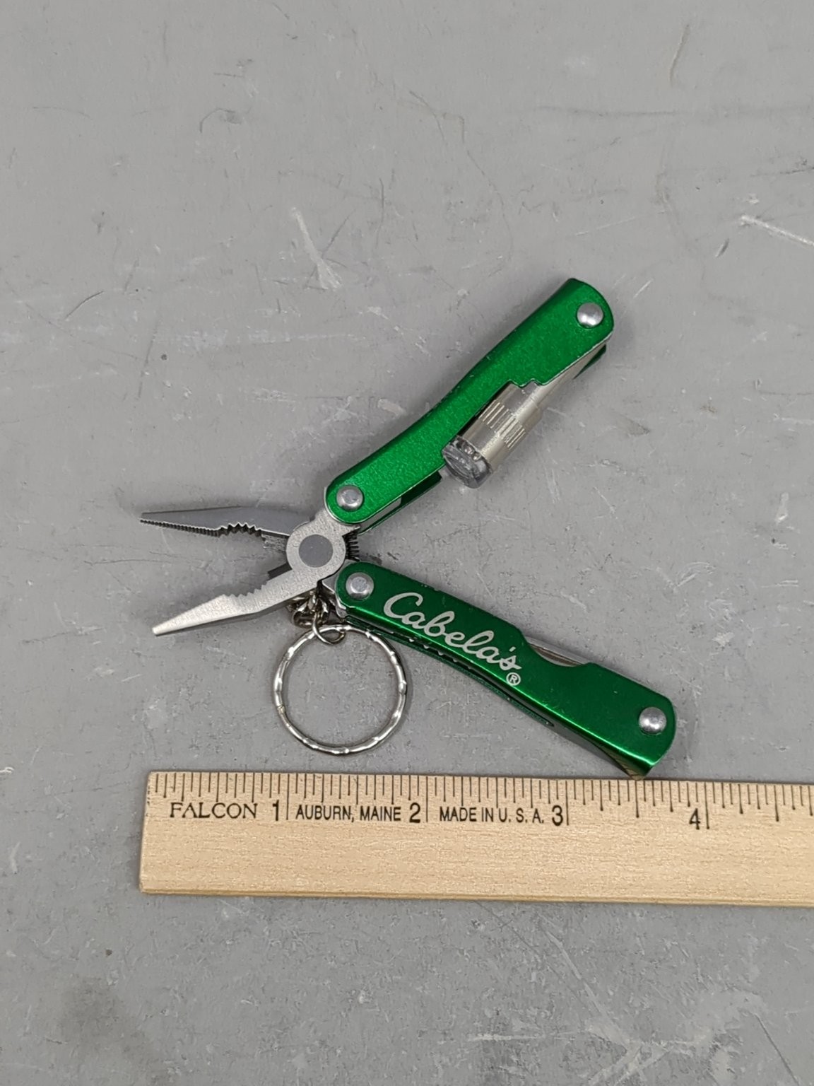 Cabela’s Green Multi-Tool with LED Light Pliers Knife Keychain * Needs Battery *