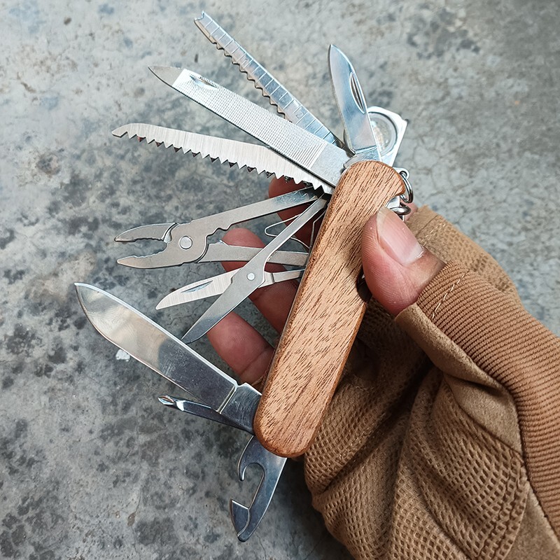 Outdoor Multi functional Tool Knife solid wood handle 15 in 1 tool