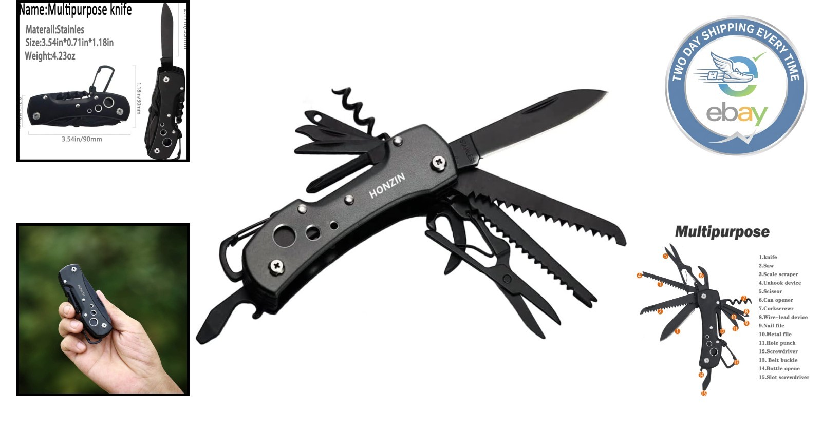 Compact Black 15-in-1 Swiss Multitool Knife for Hiking, Fishing & Everyday Use