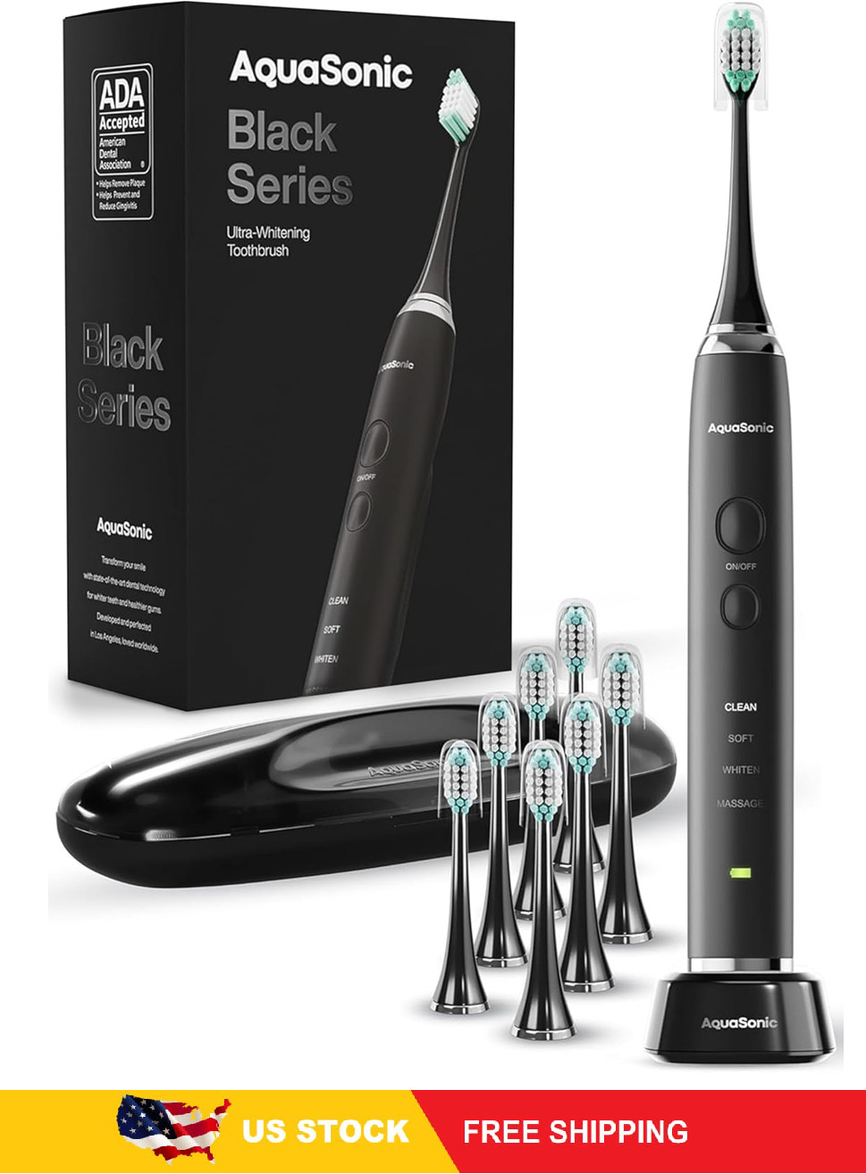 Aquasonic Black Series Ultra Whitening Toothbrush – ADA Accepted – 8 Brush Heads